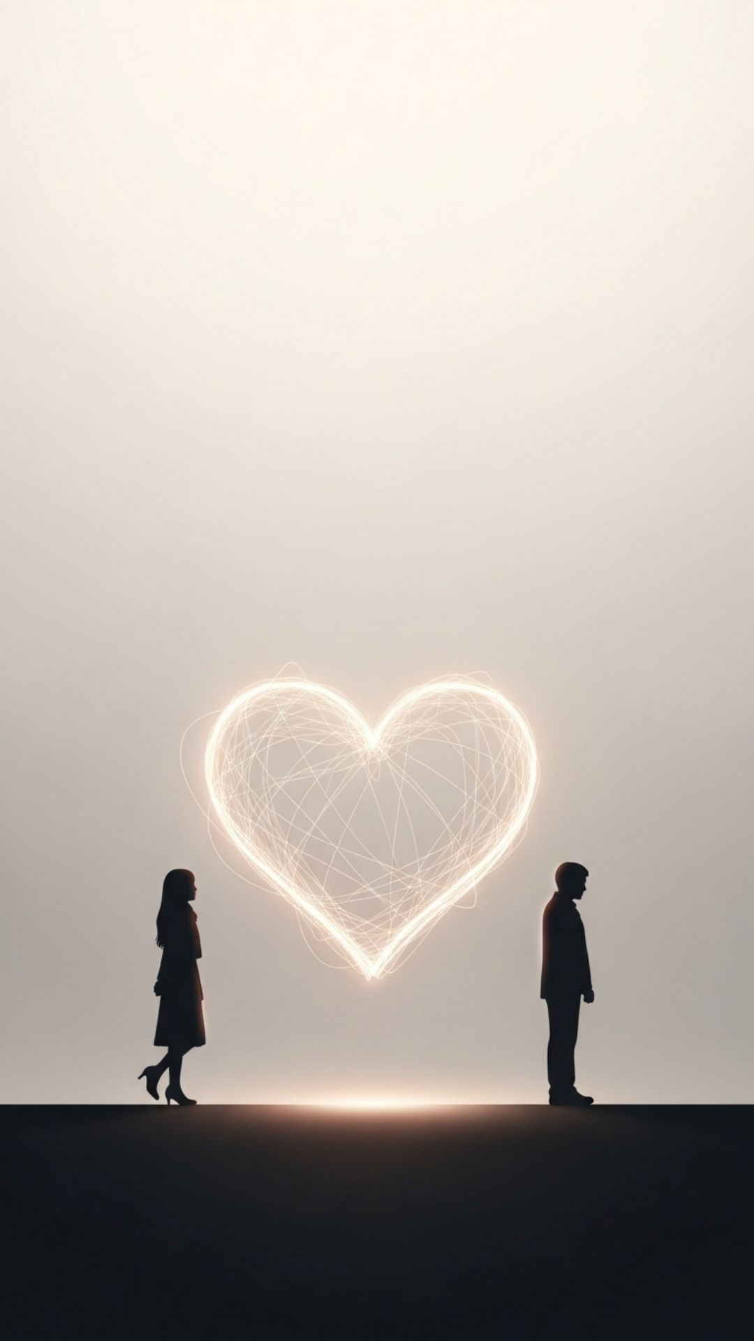 A minimalist illustration of a couple's silhouettes connected by a glowing, abstract heart, representing their emotional bond.
