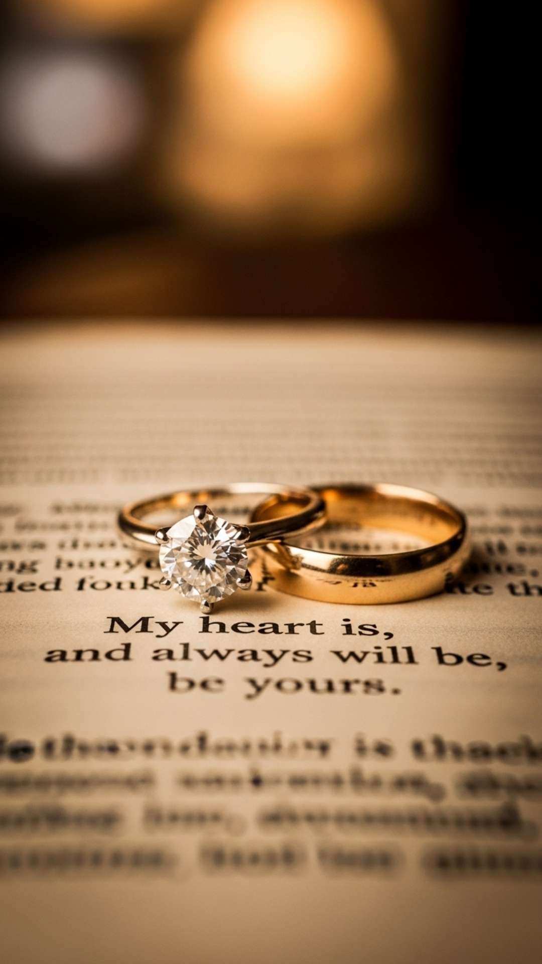 Interlocked engagement and wedding rings resting on a page of a book, symbolizing a private and elegant commitment.