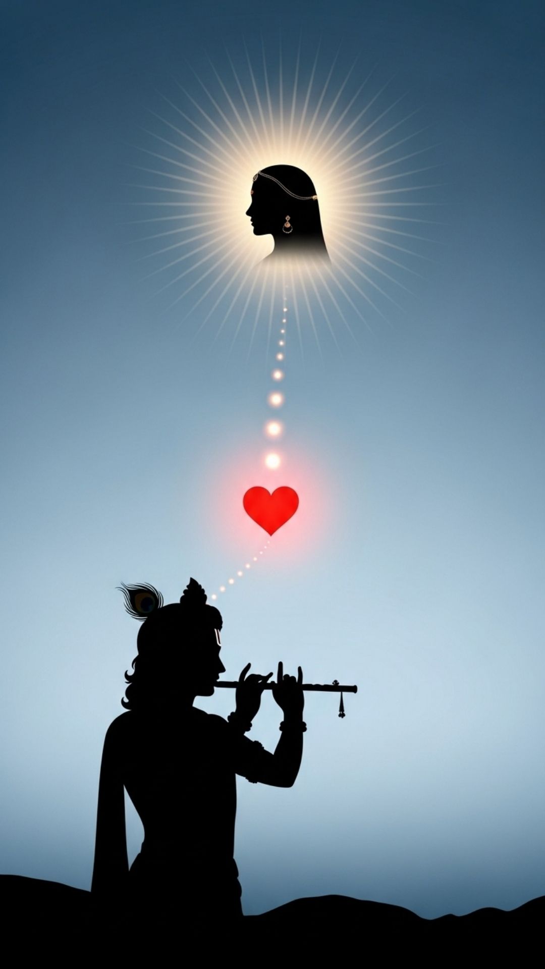 A symbolic illustration of Krishna's flute music and a glowing heart connecting to Radha's radiant halo, representing their spiritual bond