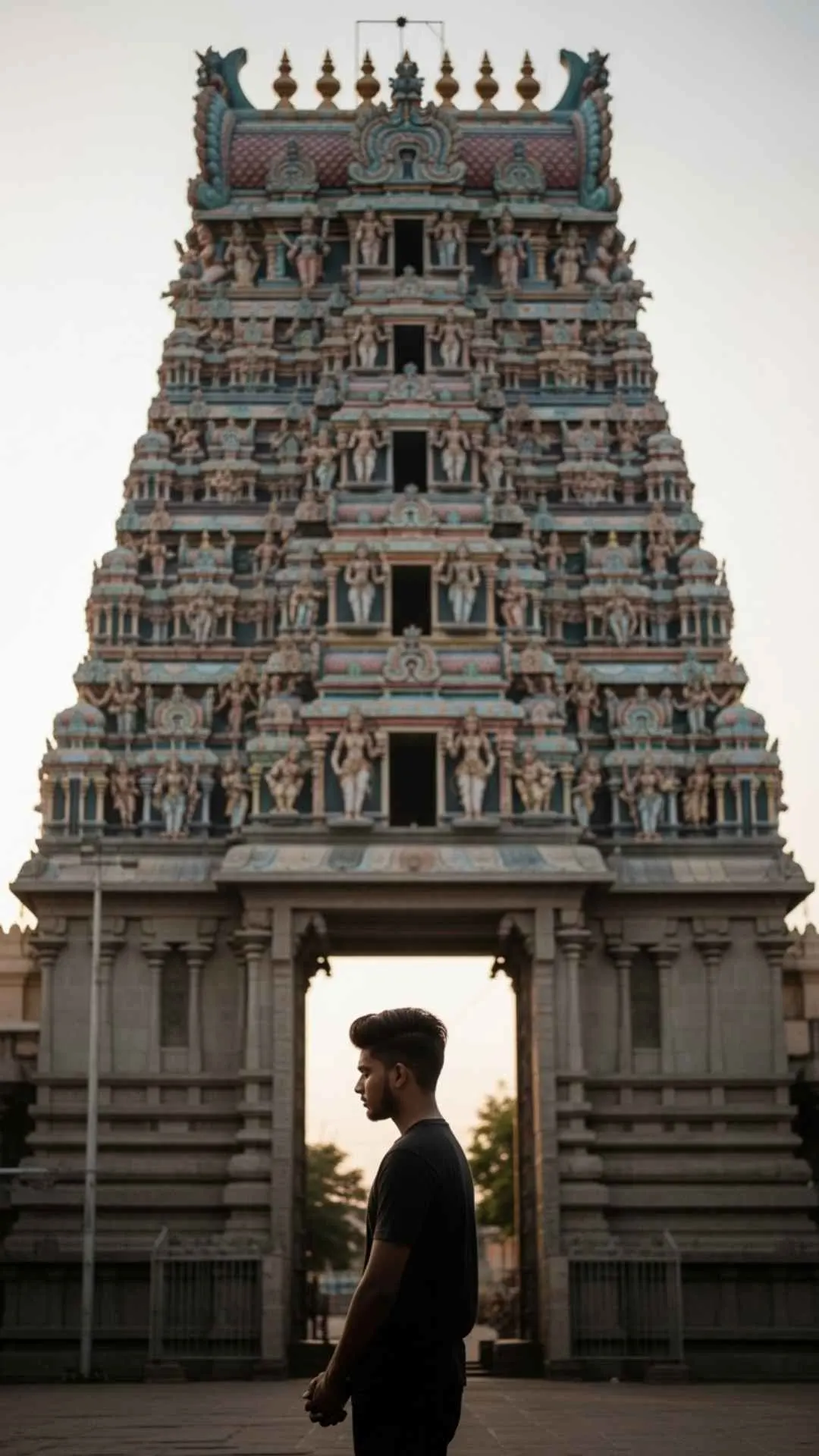 Silhouette of a young man before a Hindu temple, a spiritual and respectful Instagram DP for boys.