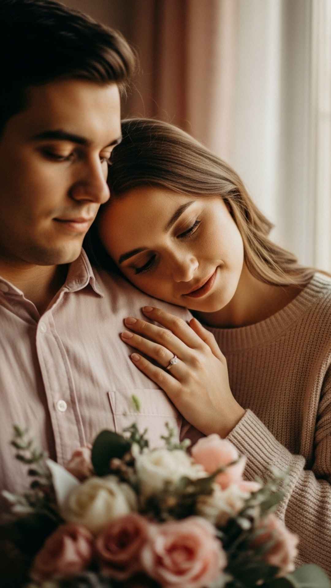 A couple in a tender, soft-focus embrace with warm light, conveying a peaceful and intimate moment.