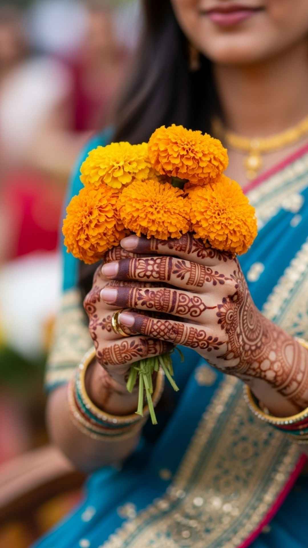 A close-up of a young woman's hands decorated with detailed henna designs, holding a bouquet of bright marigold flowers.