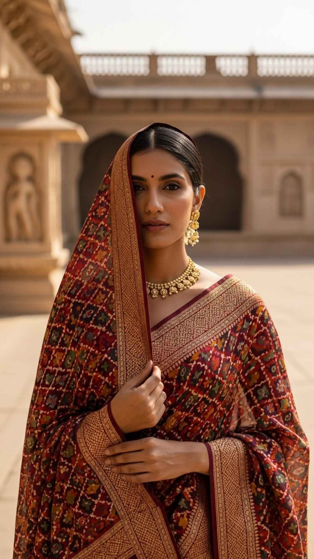A regal portrait of an Indian woman in a vibrant saree, with her face partially obscured by the pallu in a palace courtyard setting