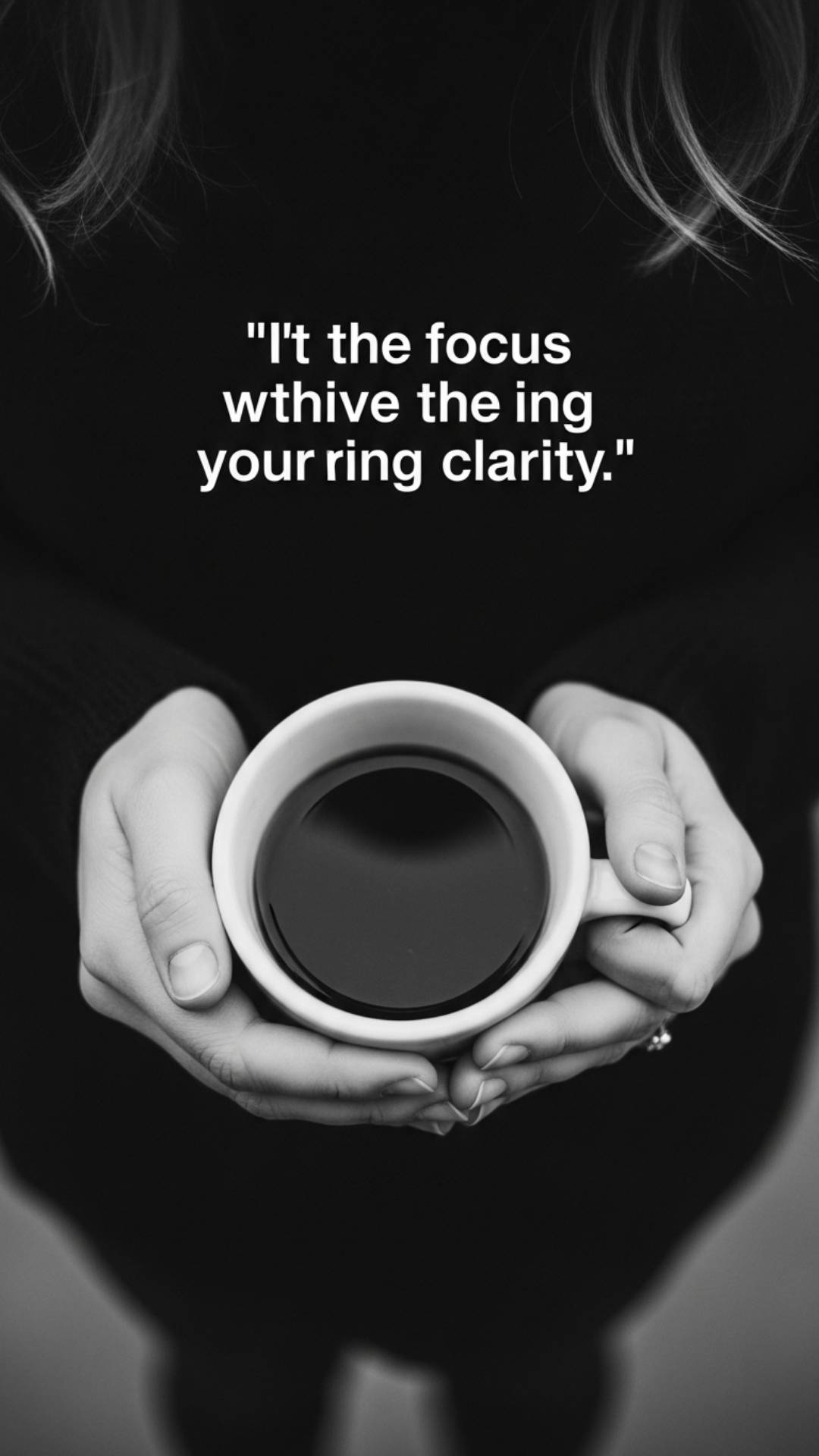 A person's hands hold a coffee cup in a monochrome photo. A quote about focus is overlaid in a modern sans-serif font. The image has a quiet, confident feel.