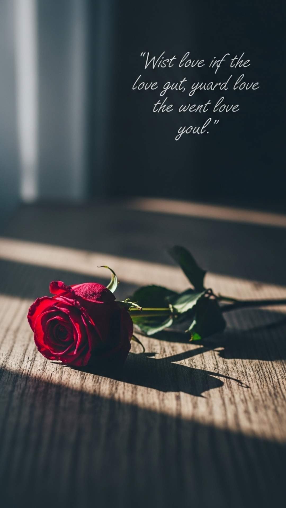 A vibrant wilting rose on a rustic wooden table with moody lighting. An elegant quote about lost love is overlaid in a delicate script font