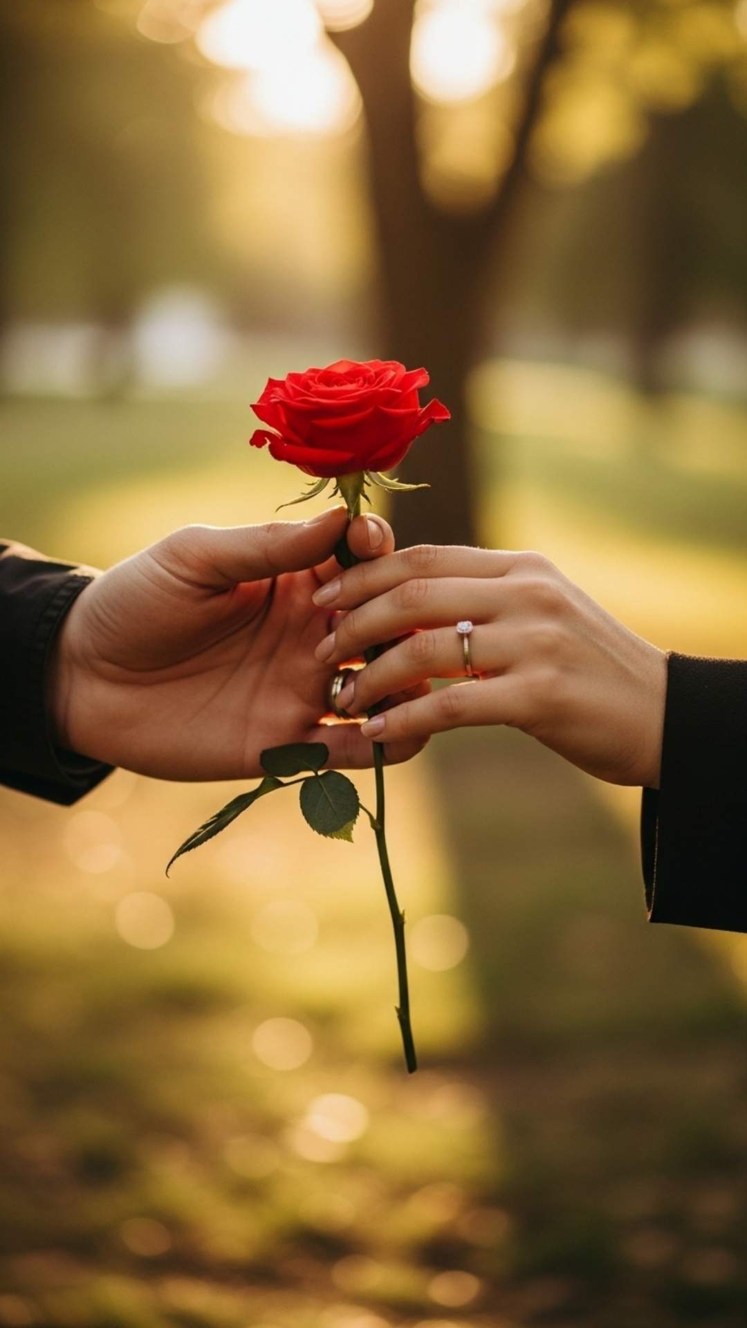 A close-up of a couple's hands holding a red rose, symbolizing their unified love.