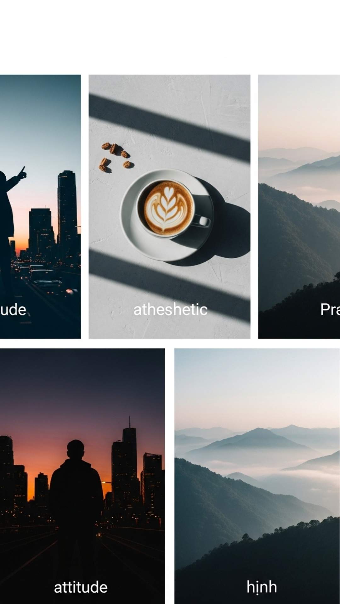 A collage of three unique profile picture styles: a dramatic silhouette representing attitude, a minimalist aesthetic photo of a coffee cup, and a scenic image of misty mountains representing nature.