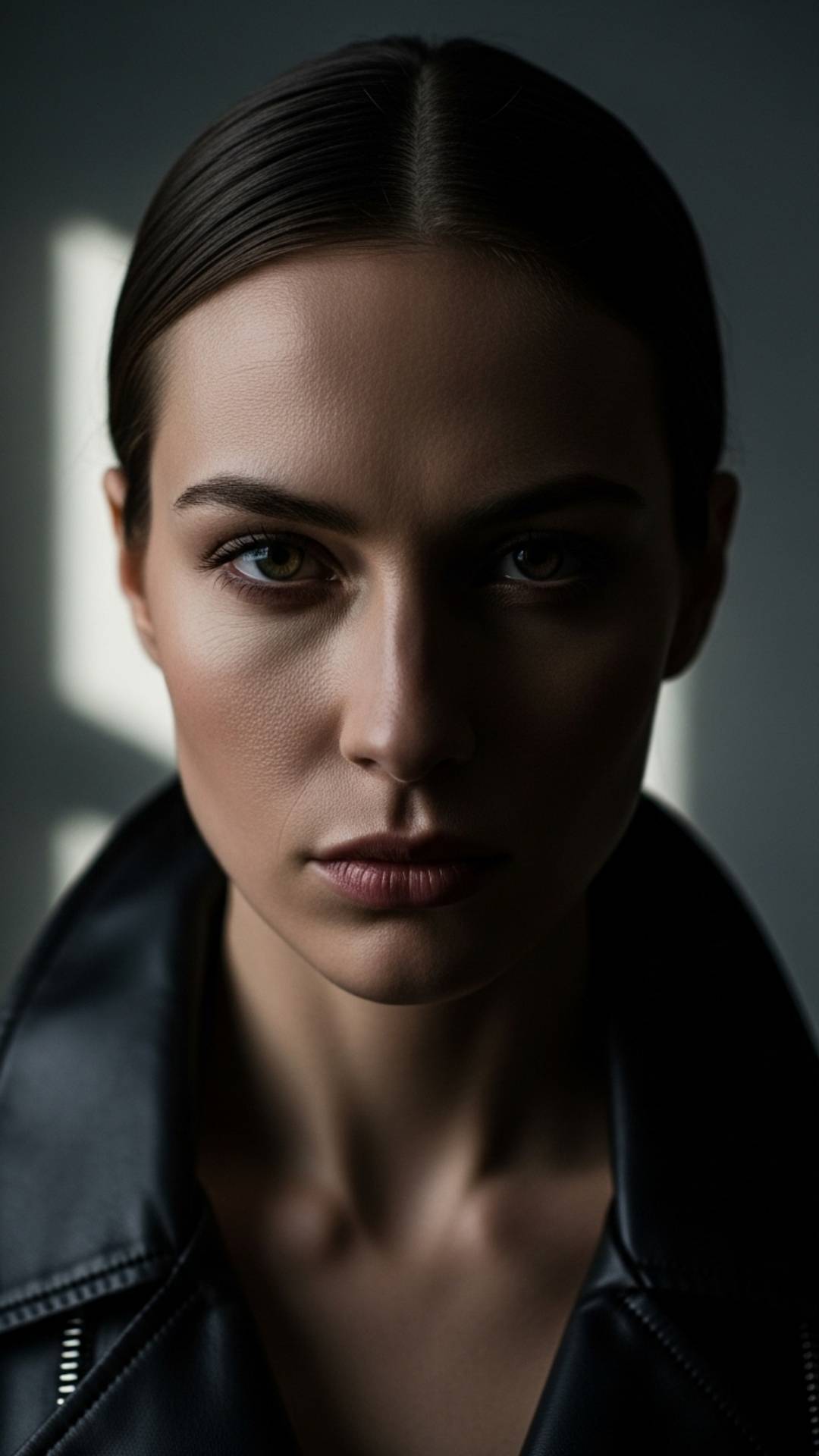 A close-up portrait of a woman with an intense stare and dramatic side lighting, conveying a serious and confident attitude