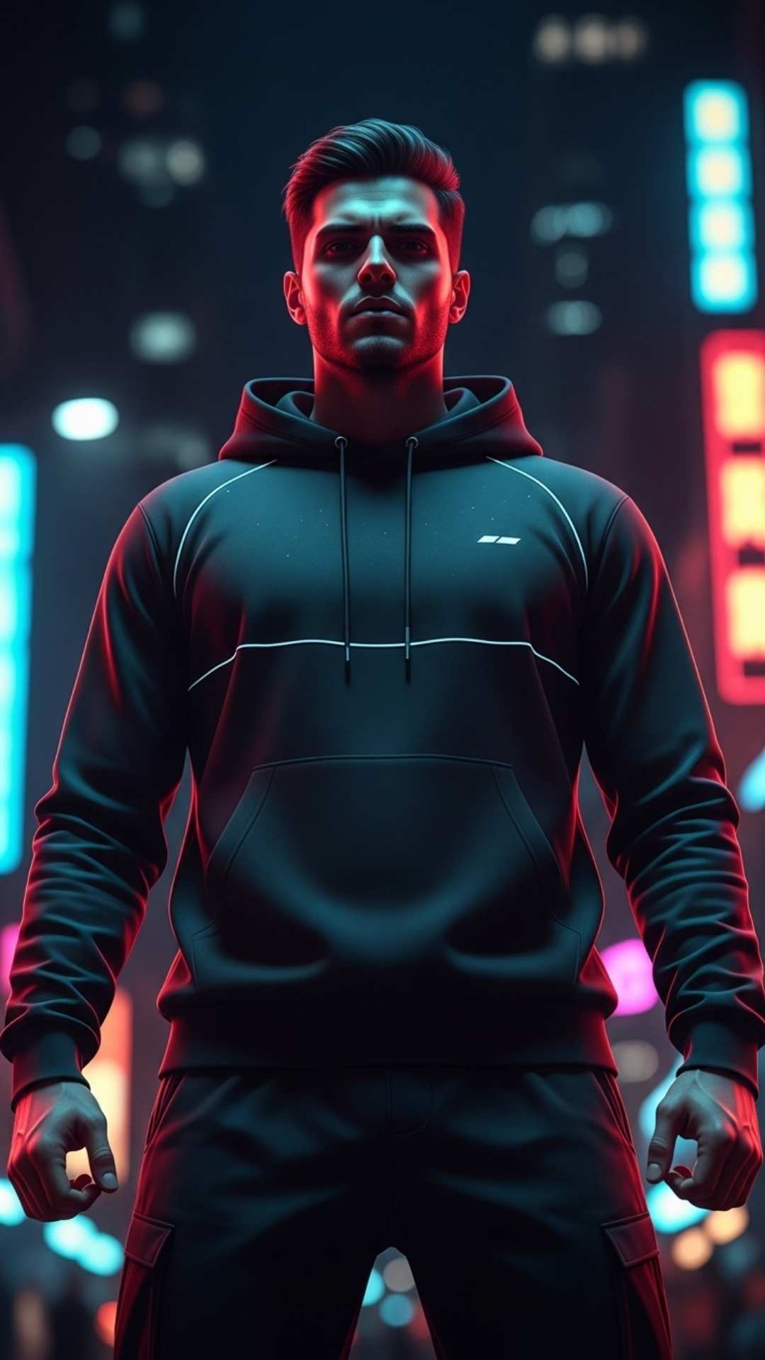 A low-angle portrait of a man with a determined expression, wearing a dark, glowing hoodie in a futuristic city