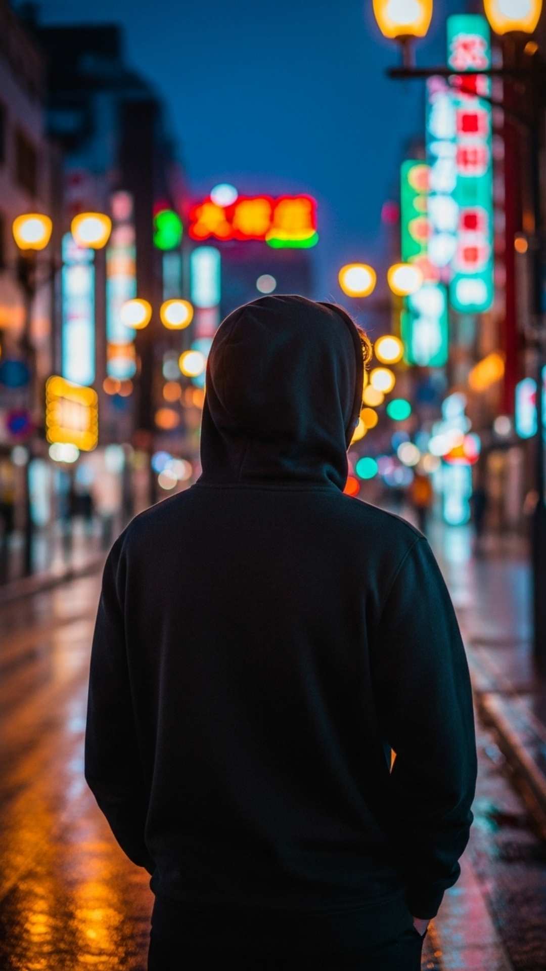 A young man in a black hoodie standing in a vibrant, blurred city street at night with glowing neon lights