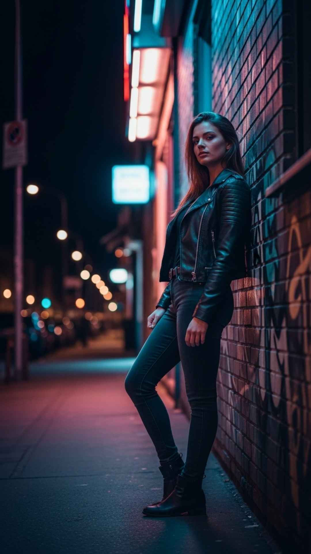 A stylish girl in a leather jacket standing against a graffiti wall under neon lights, creating a cool and rebellious urban attitude DP