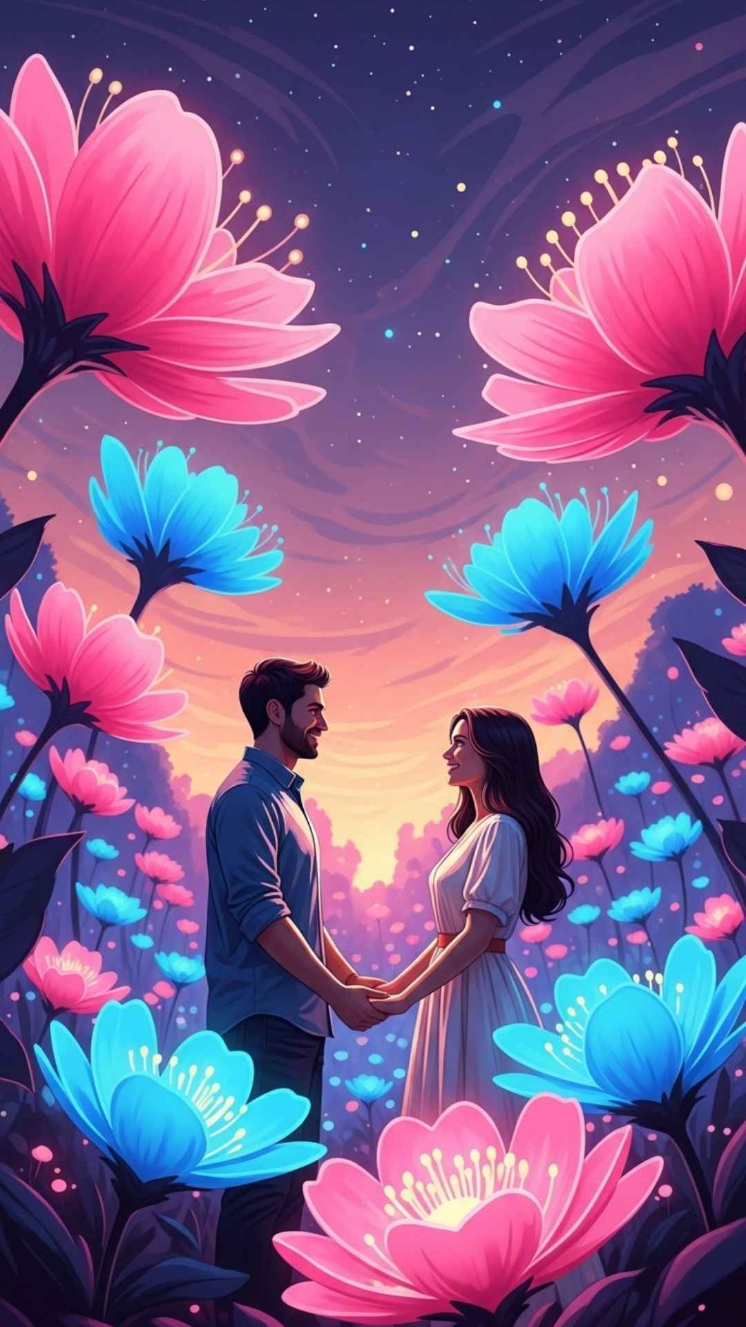 A surreal, vibrant photograph of a couple in a field of glowing neon flowers, with a dreamy aesthetic