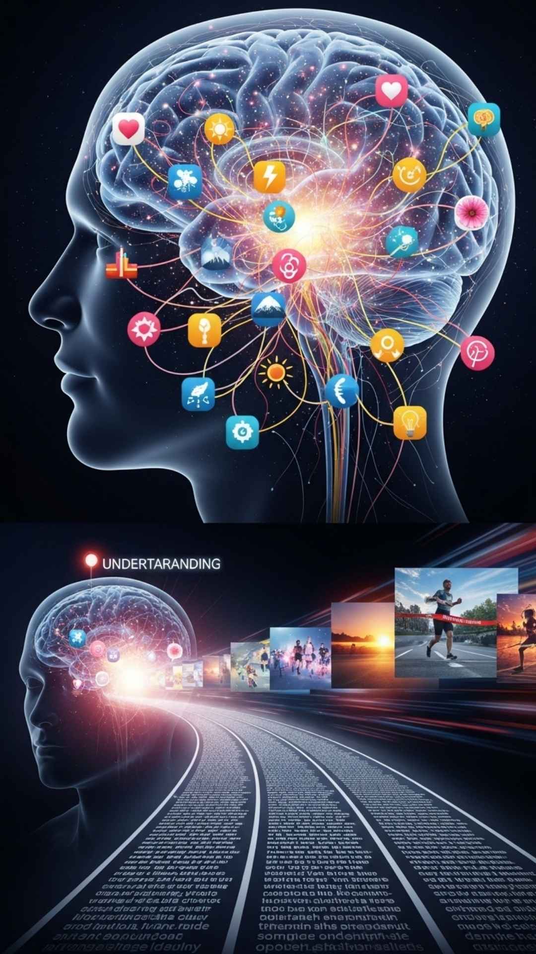 A modern conceptual art piece depicting a race inside the brain where fast-moving images outpace a slow-moving block of text, symbolizing the superior speed of visual processing