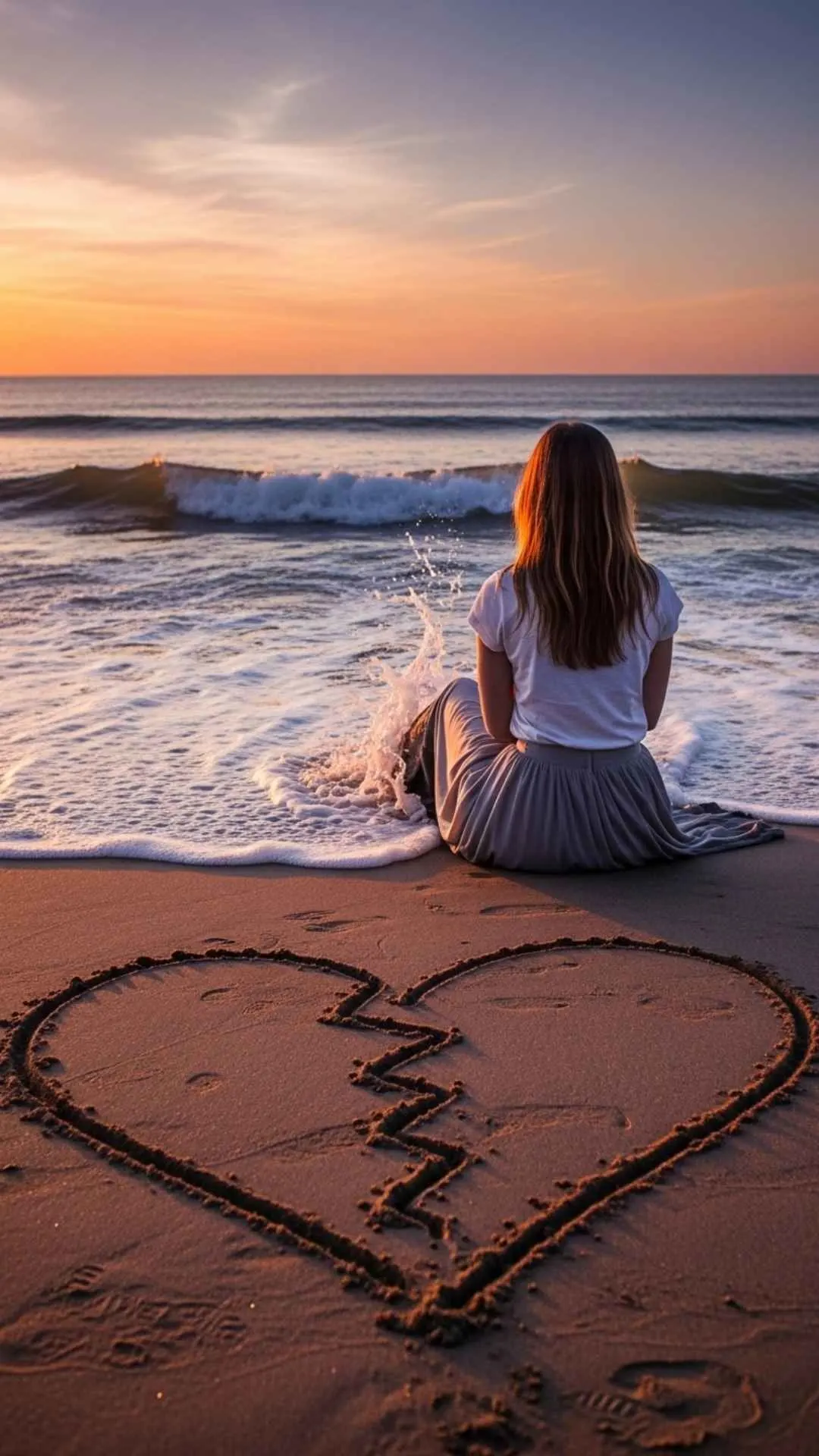 A lonely girl DP on a beach, with a wave breaking a heart drawn in the sand, an emotional image for a recent breakup.