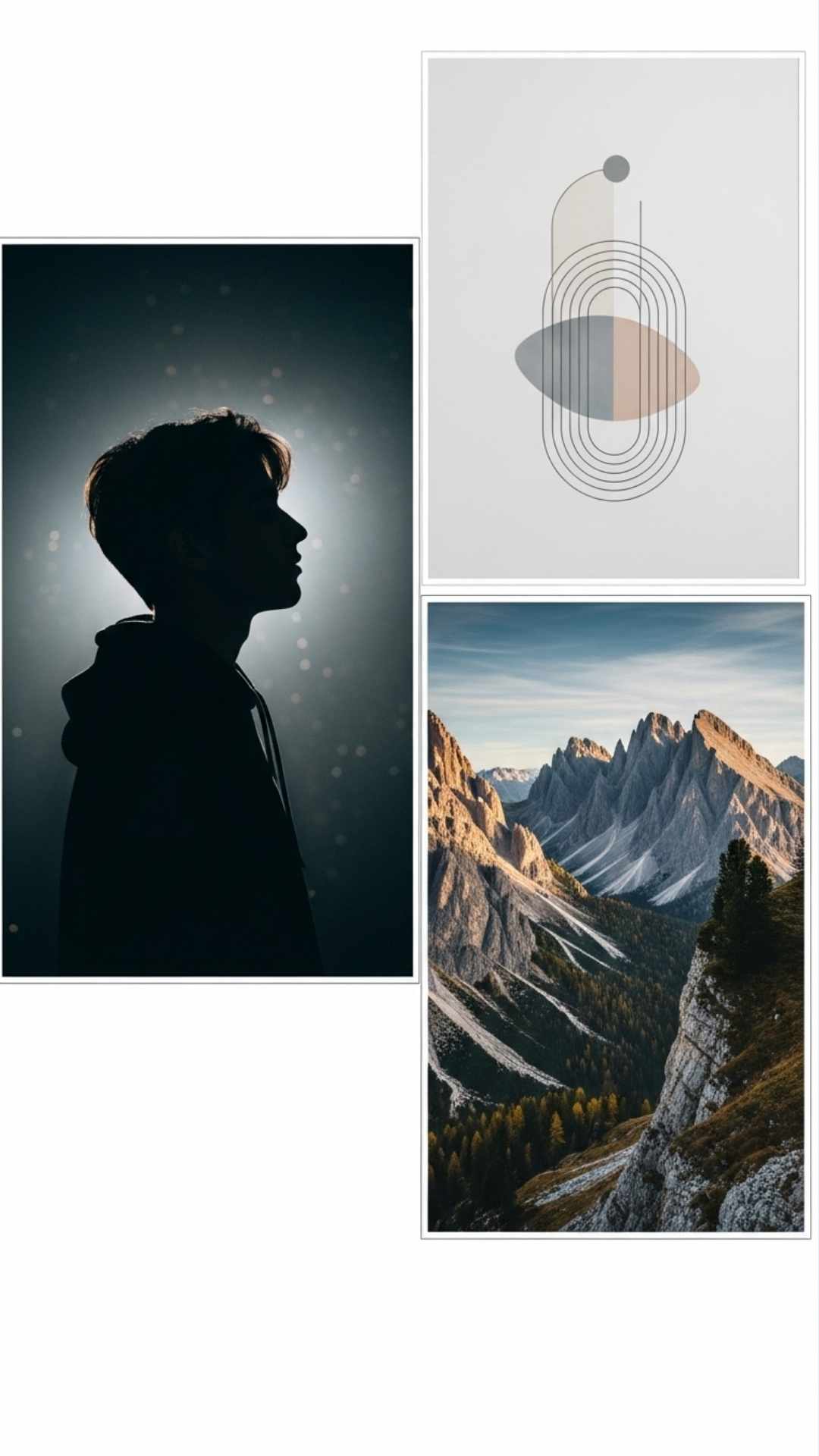 A three-part photo collage for a WhatsApp DP article. The collage should include a moody portrait silhouette, a minimalist aesthetic design, and a scenic landscape of mountains. The overall style should be high-quality and modern.