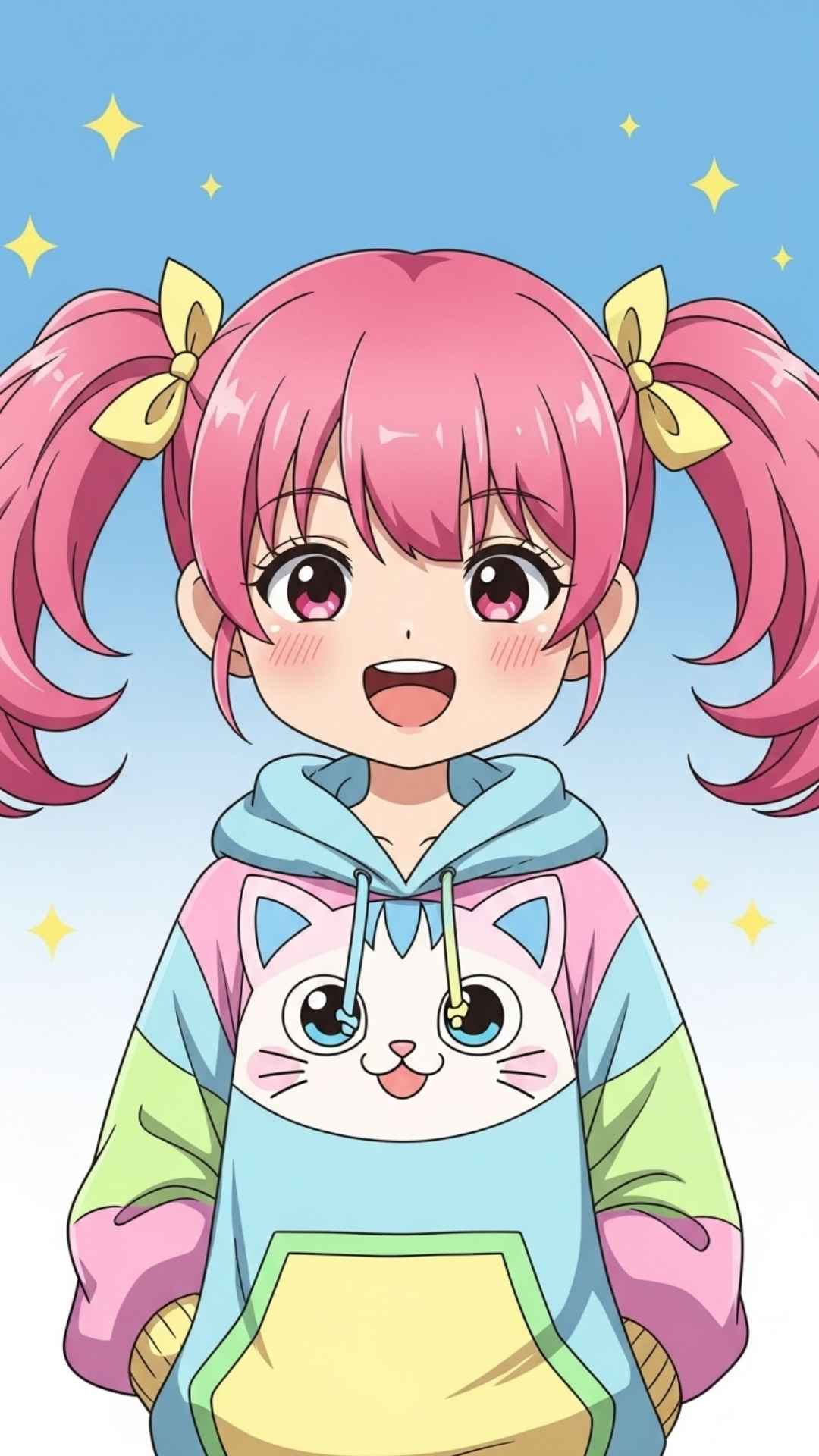 A cute chibi anime girl with pink hair and a joyful smile, wearing a pastel hoodie for a whimsical DP
