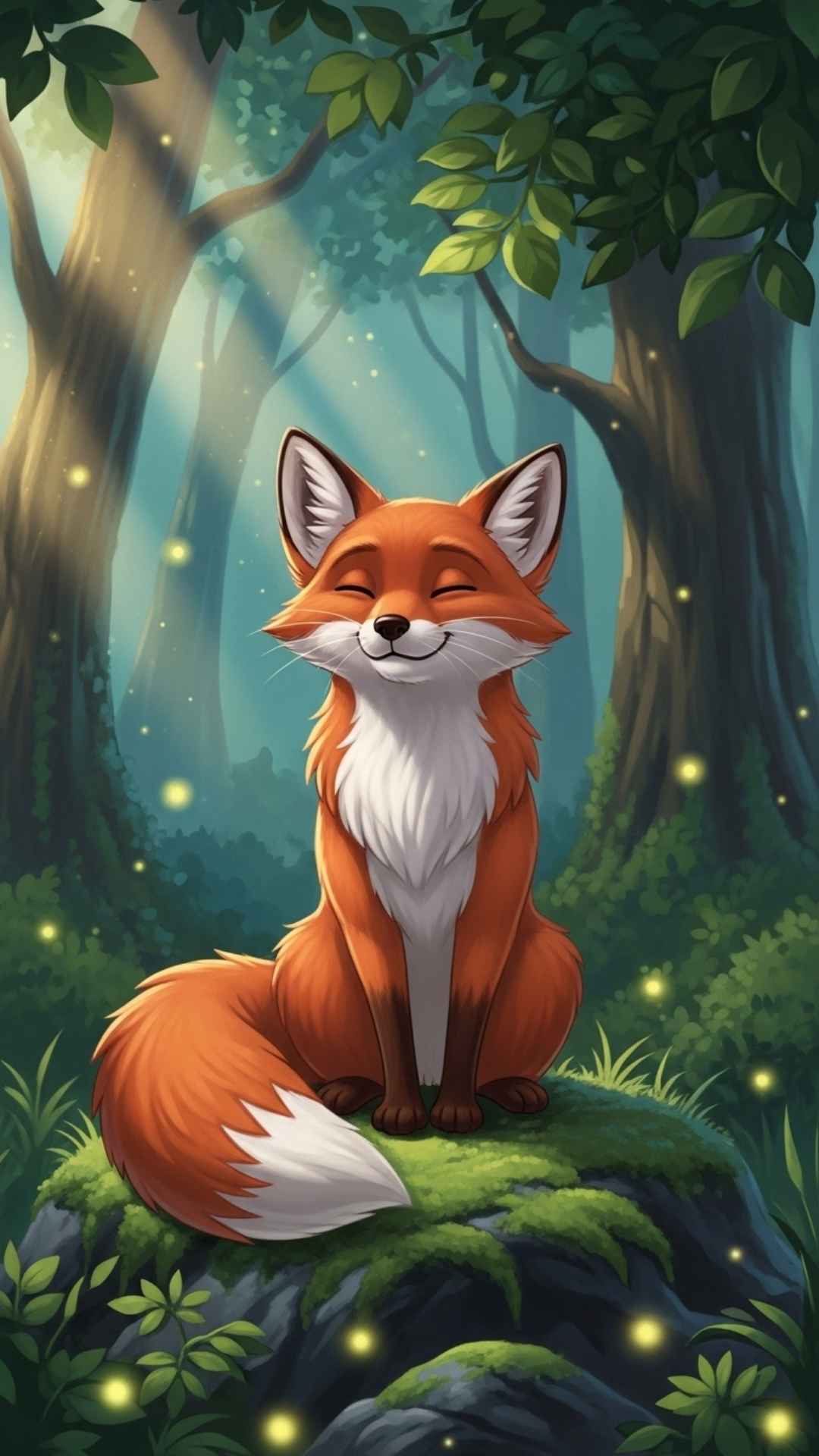 An enchanting 2D illustration of a fox spirit in a magical forest, inspired by Studio Ghibli.