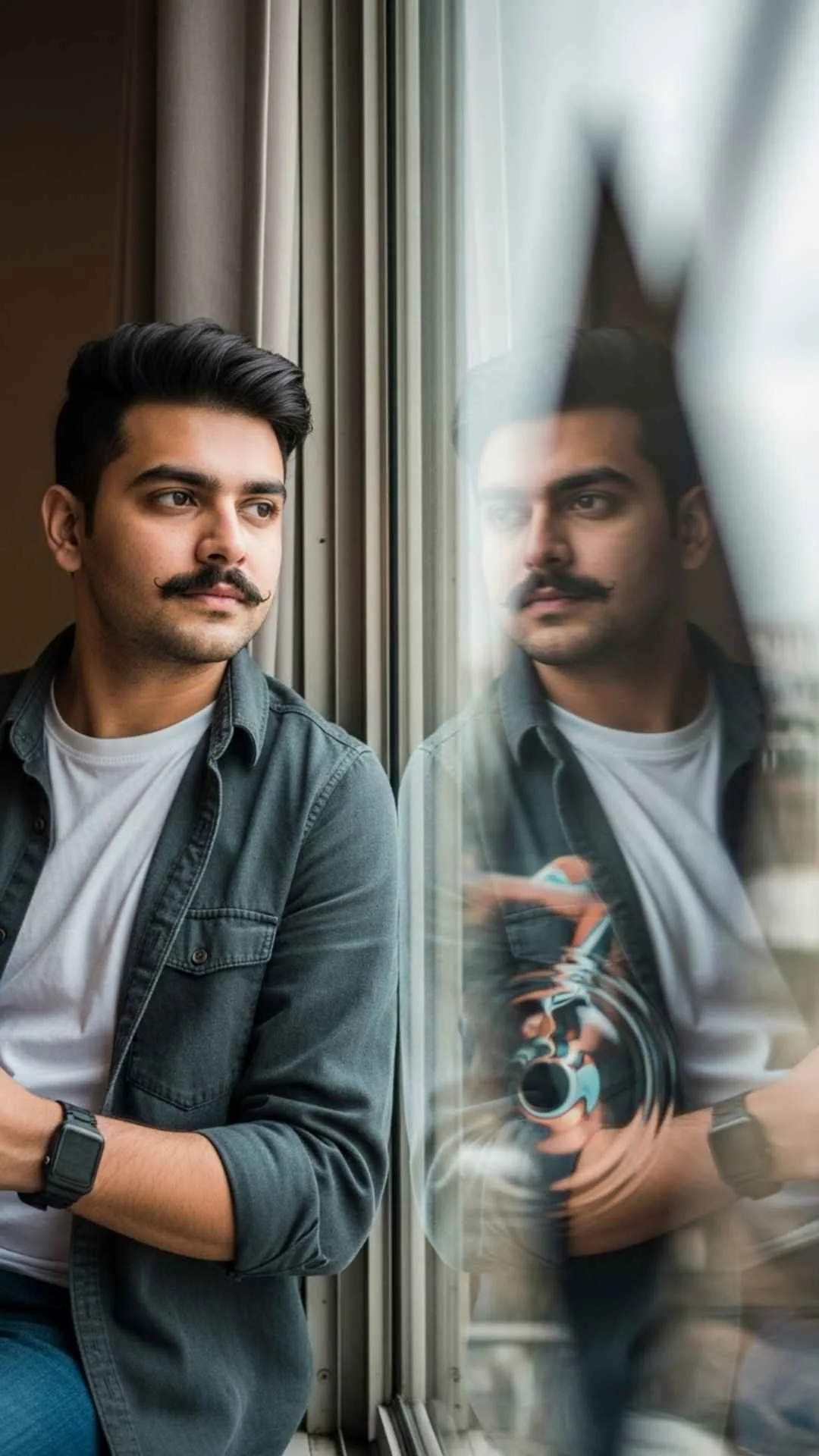Artistic reflection of a young man in glass, offering a unique and aesthetic Instagram profile picture for boys.