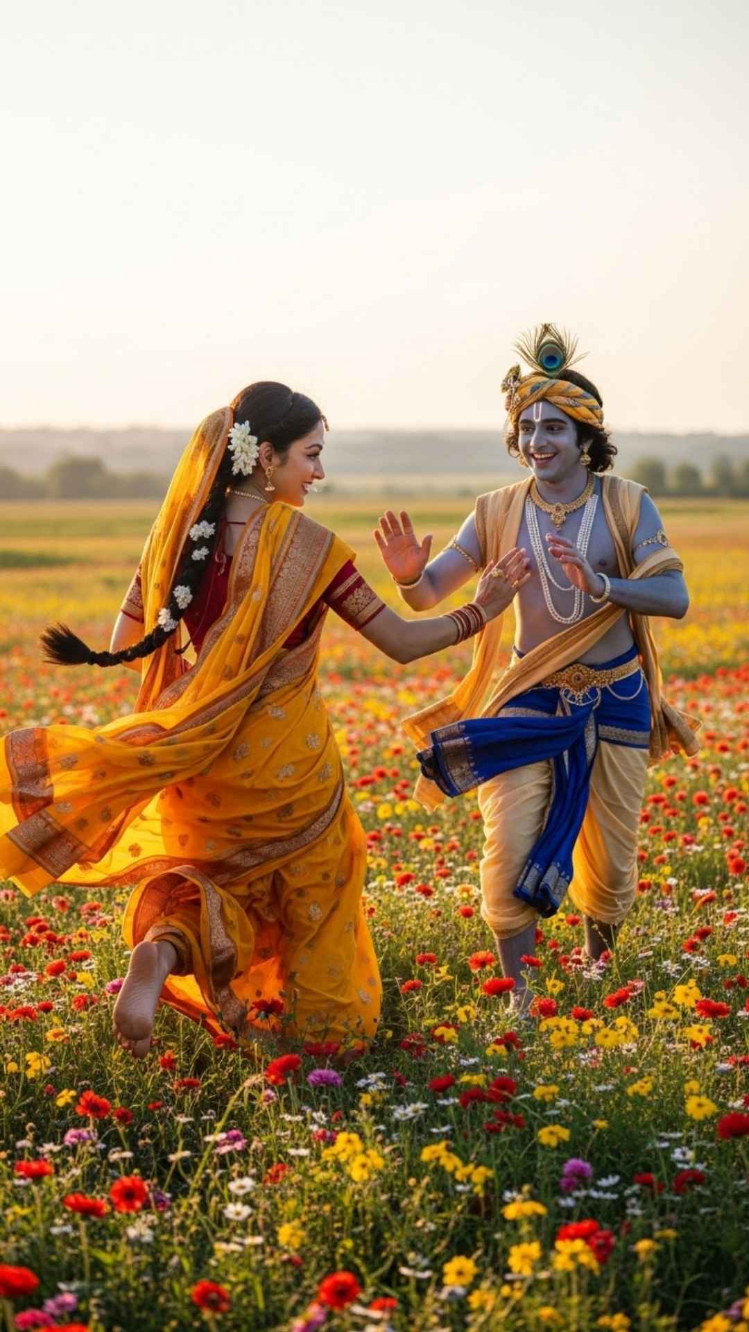 Radha offering a flower to Krishna, symbolizing devotion, respect, and mutual love