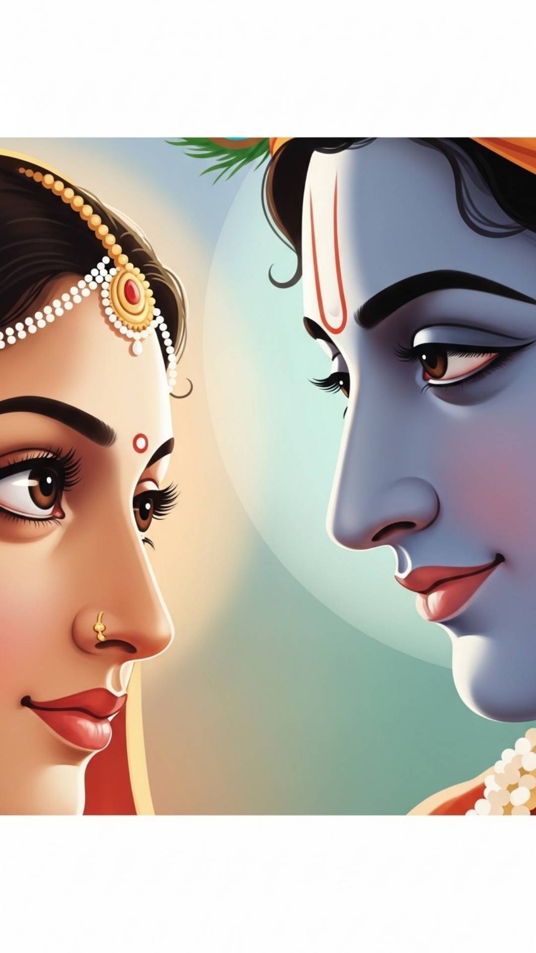 Minimalist image focusing on Radha's loving gaze and Krishna's gentle smile, symbolizing their deep connection