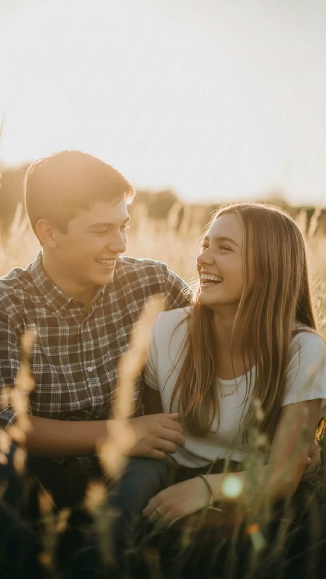 An aesthetic 'golden hour' shot of a brother and sister laughing, captured in warm, dreamy light for a WhatsApp DP. This beautiful, high-quality 4K photo, full of genuine joy, is a helpful resource for users searching for 'candid brother sister pic for Instagram' or 'dreamy aesthetic profile photos'.