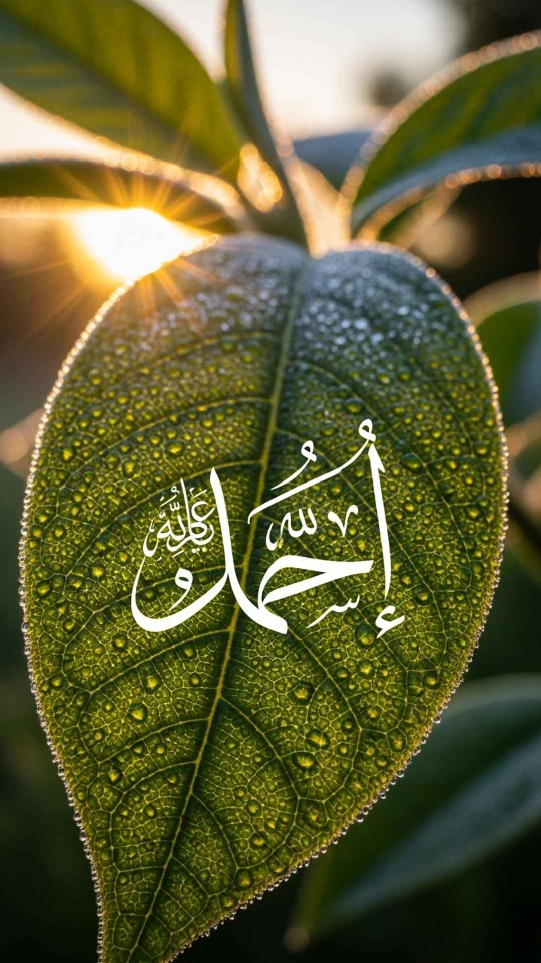 An aesthetic Islamic DP for WhatsApp, featuring the word 'Alhamdulillah' in delicate white calligraphy on a vibrant green leaf covered in HD dew drops. This beautiful nature DP image is a free download from the Majekfilms.com Allah DP collection.