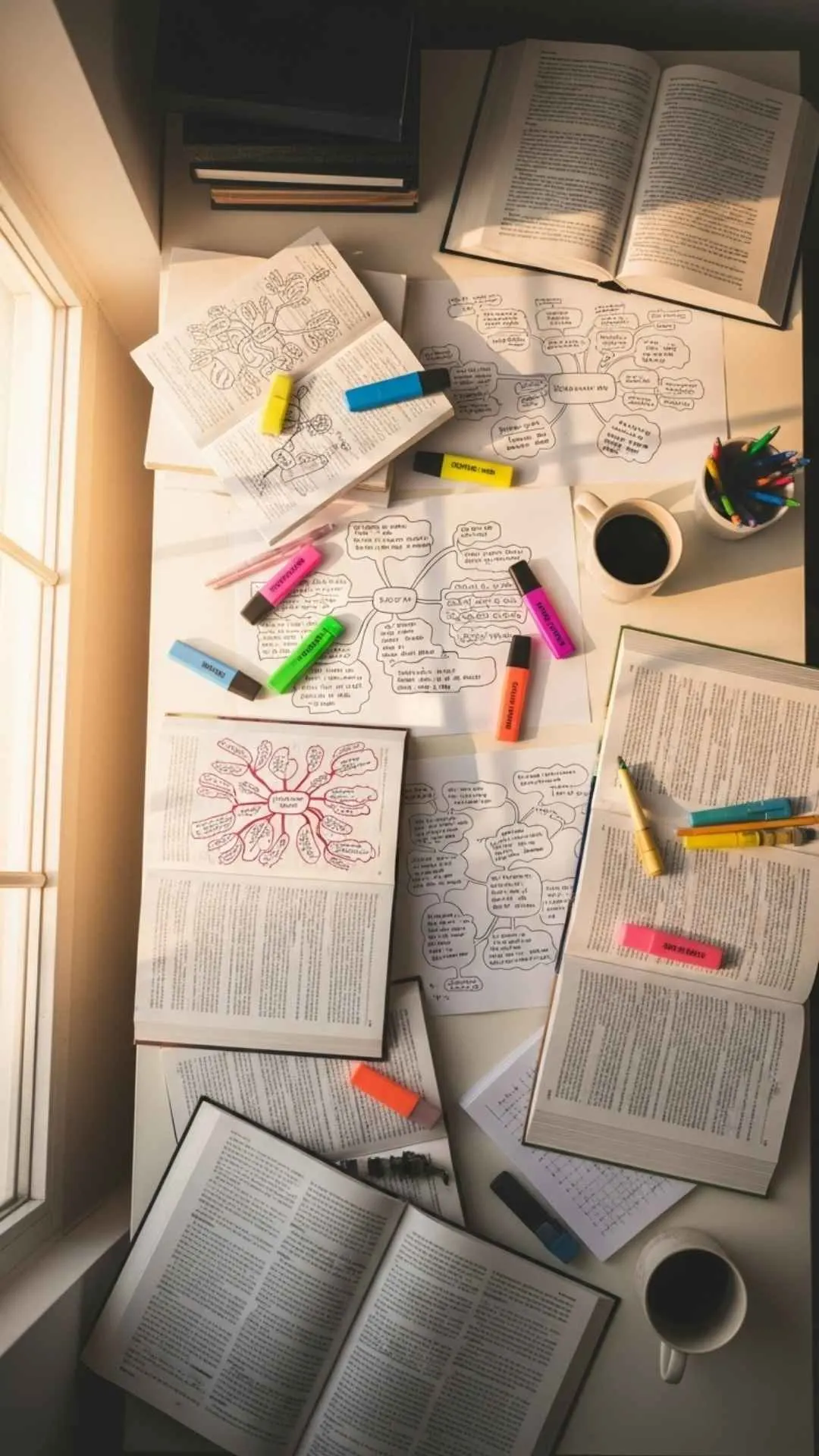 A 9:16 'aesthetic mess' study DP showing a desk covered in notes, books, and highlighters, lit by a beautiful sunrise. This image romanticizes the 'exam grind' and is a relatable motivational DP for hardworking students in India. Find more free study DPs on Majekfilms.com.