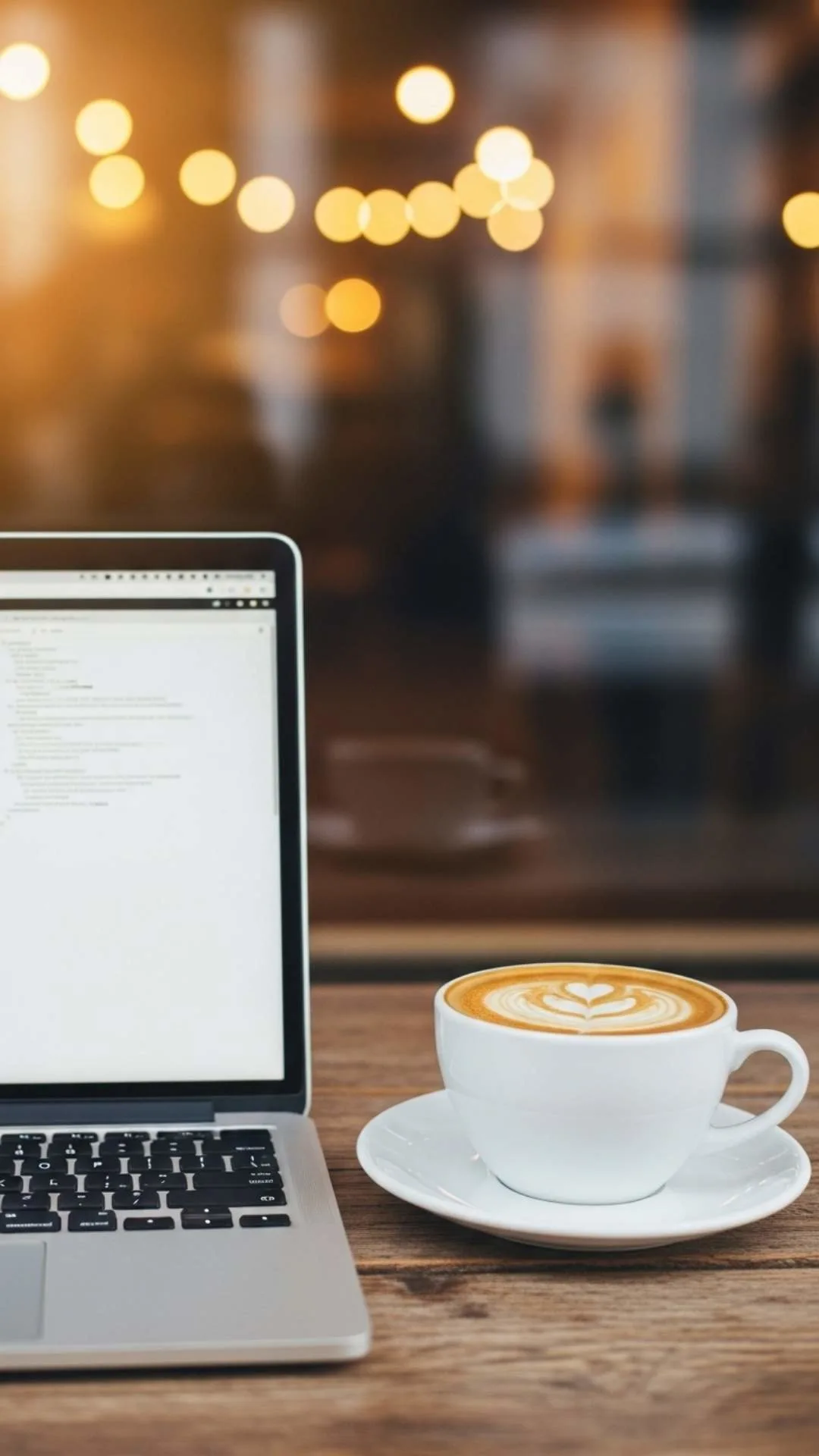 A 9:16 aesthetic study DP showing a laptop and a coffee with latte art on a table in a blurred coffee shop. This stylish image is a popular motivational WhatsApp or Instagram profile picture for Indian students studying remotely. Download free 4K DPs at Majekfilms.com.