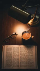 A 9:16 aesthetic study DP for WhatsApp showing a top-down view of a cozy desk with a textbook, coffee, and a warm lamp. This image represents the 'Dark Academia' study vibe, perfect for students in India seeking motivational and stylish profile pictures during exam season. Free HD download from Majekfilms.com.
