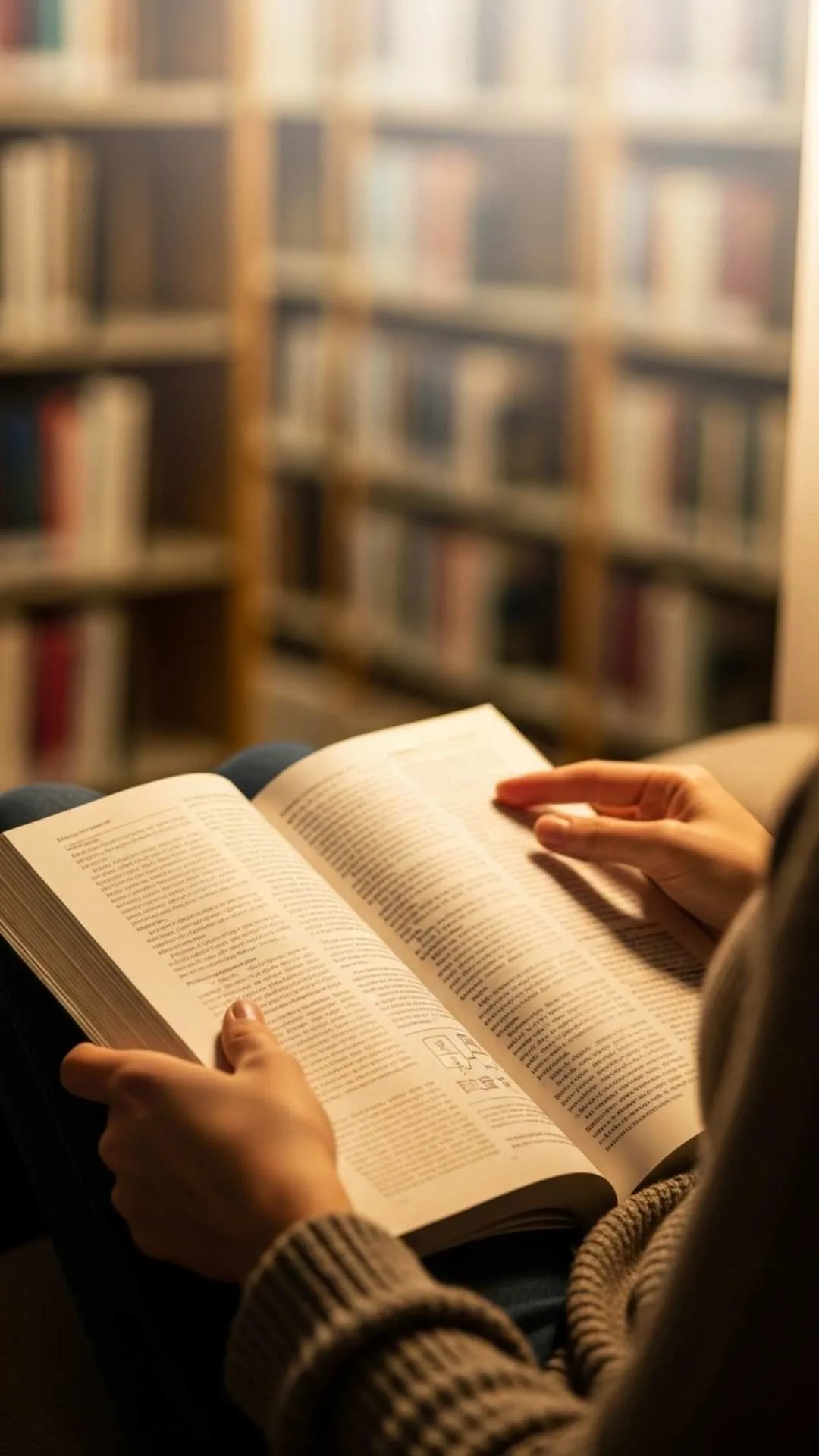 A 9:16 aesthetic study DP of hands holding an open textbook in a warm, cozy library with a blurred bookshelf background. This peaceful and scholarly image is a perfect motivational WhatsApp DP for book lovers and students in India. Free HD profile pictures from Majekfilms.com.