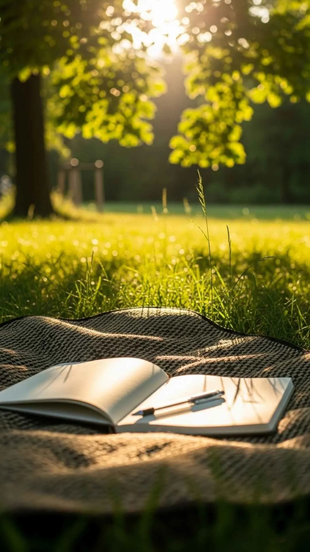 A 9:16 aesthetic study DP of an open notebook on a blanket in a sunny park, showing a peaceful 'studying in nature' vibe. This fresh and calming image is a unique motivational profile picture for students in India. Find more free nature DPs on Majekfilms.com.