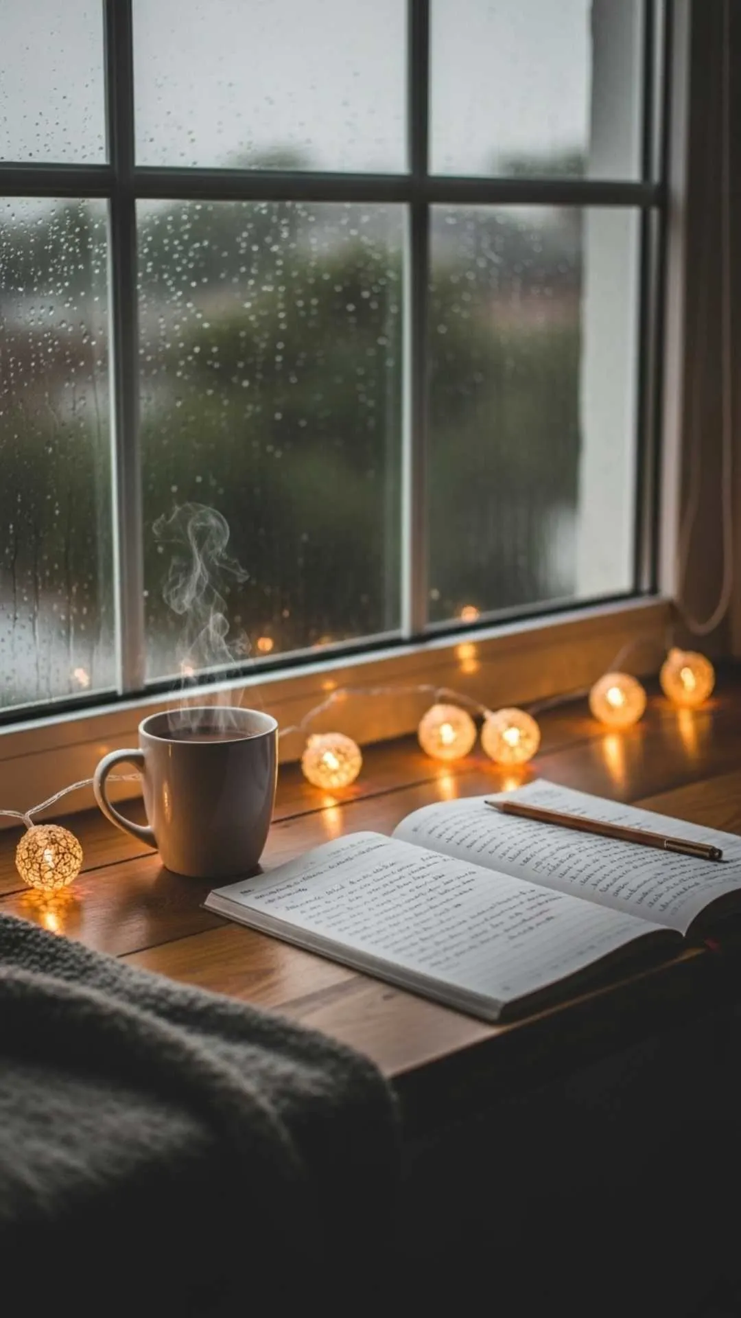 A 9:16 aesthetic study DP showing a cozy desk by a rainy window, with a steaming cup of chai (tea), an open notebook, and warm fairy lights. This peaceful and stylish image is perfect for an Indian student's WhatsApp or Instagram profile during exam season. Free HD download from Majekfilms.com.