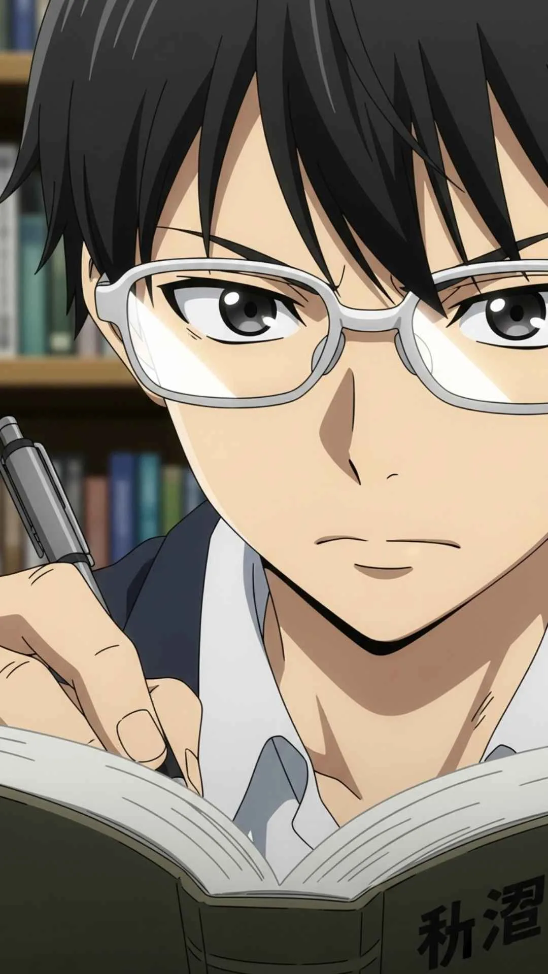 A 9:16 'cool' anime study DP for boys, showing a hyper-focused male character with glasses intensely reading. This motivational image captures the 'attitude' and determination for exam prep, perfect as a WhatsApp DP for boys in India. Find more free 'Anime Instagram DP' styles on Majekfilms.com.