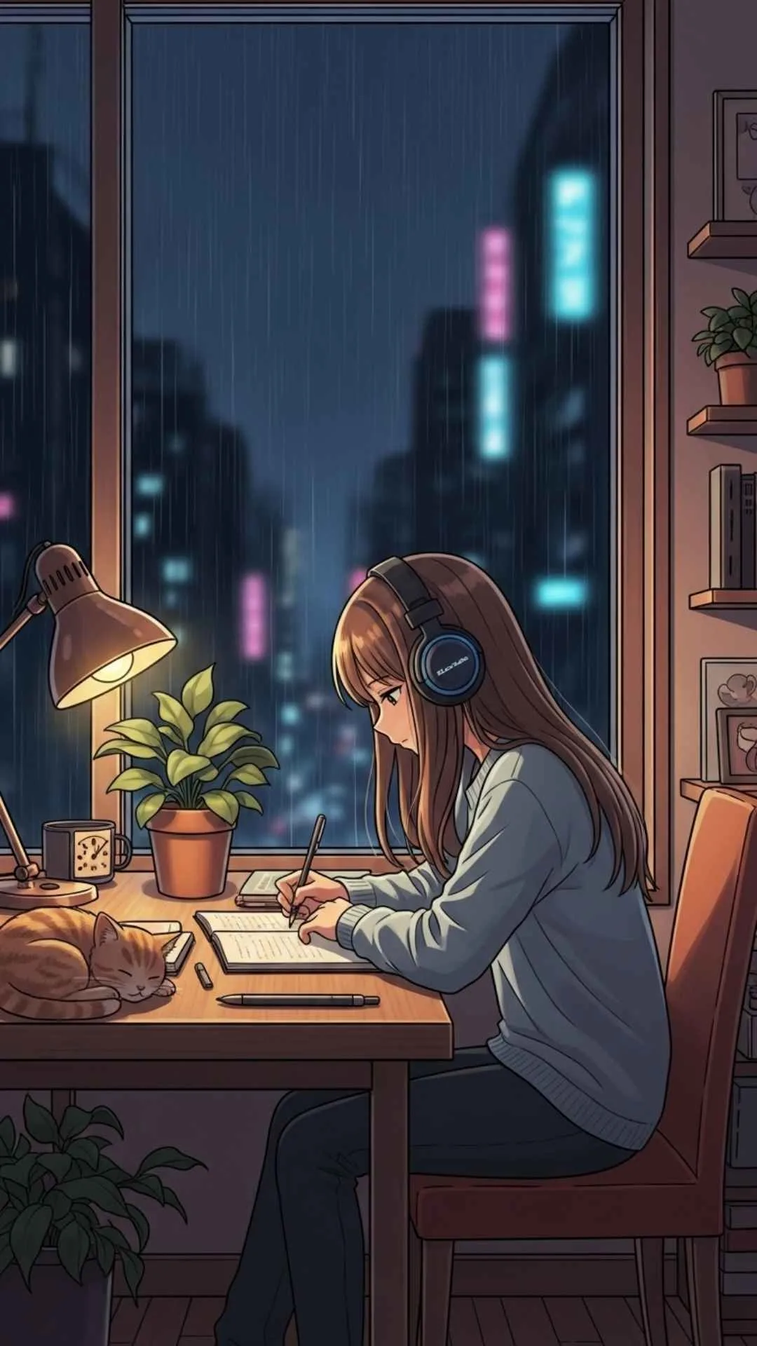 A 9:16 'Lofi girl' style anime study DP, showing a girl with headphones studying at a cozy desk on a rainy night with a cat. This aesthetic and calming image is a popular WhatsApp DP for Indian students to show they are in 'study mode'. Download free 4K 'Anime Instagram DP' options at Majekfilms.com.