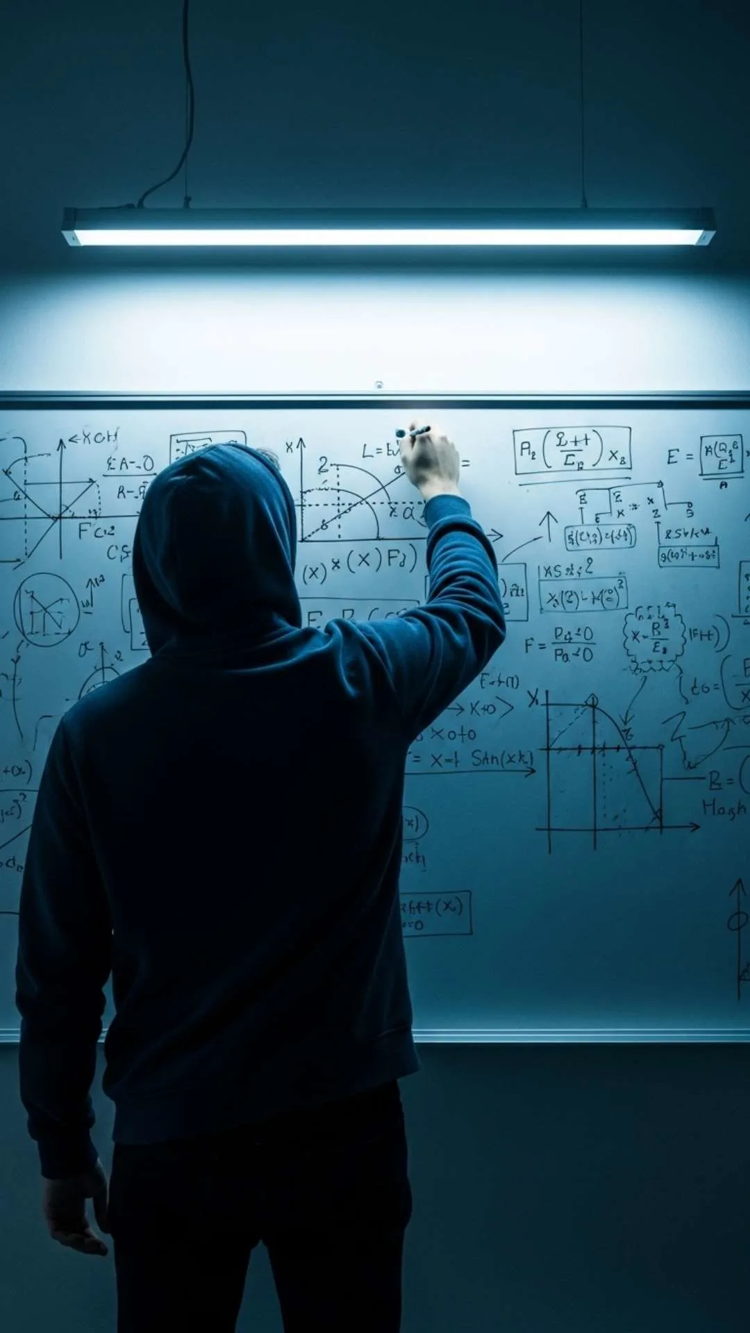 A 9:16 'attitude' study DP for boys, showing a determined student in a hoodie looking at a whiteboard full of complex formulas. This 'cool' and motivational image is a popular WhatsApp DP for ambitious male students in India, blending an 'Attitude DP' vibe with exam focus. Find more free 'Attitude DP Images' on Majekfilms.com.