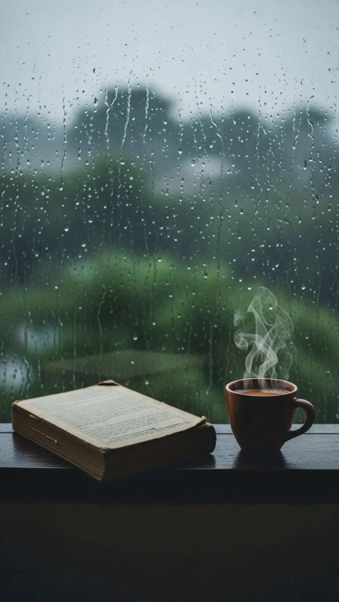 Cozy book DP for WhatsApp, an 'emotional anchor' showing a book and masala chai by a rainy window, evoking peace and comfort. This aesthetic and sad book DP is perfect for introverts in India looking for a meaningful profile picture during the monsoon.