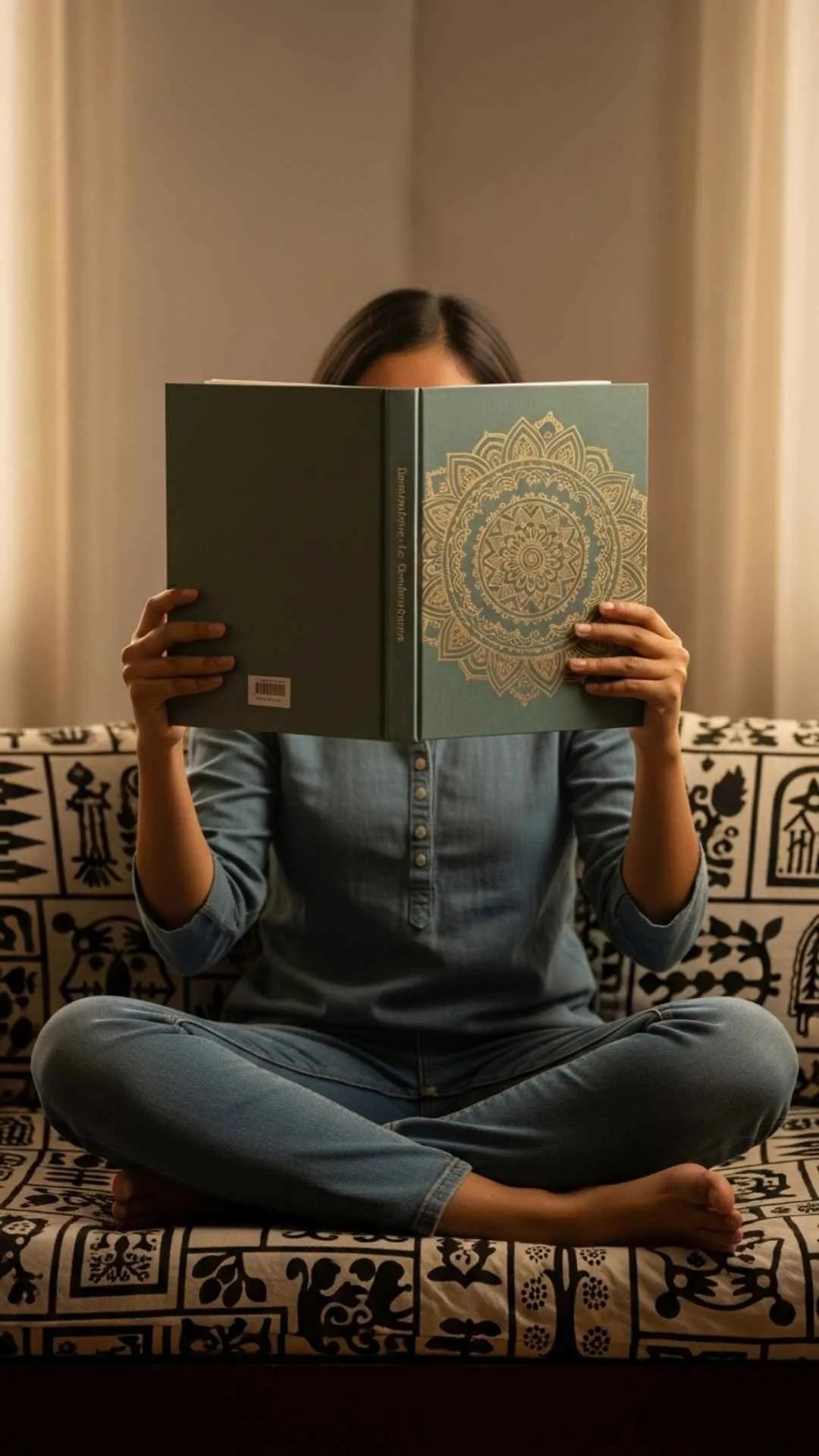 Aesthetic book DP for introverts, showing a person's face hidden by a beautiful mandala-design book, symbolizing a 'shield for the inner world.' This meaningful and unique profile picture for WhatsApp in India represents privacy and personality for book lovers.