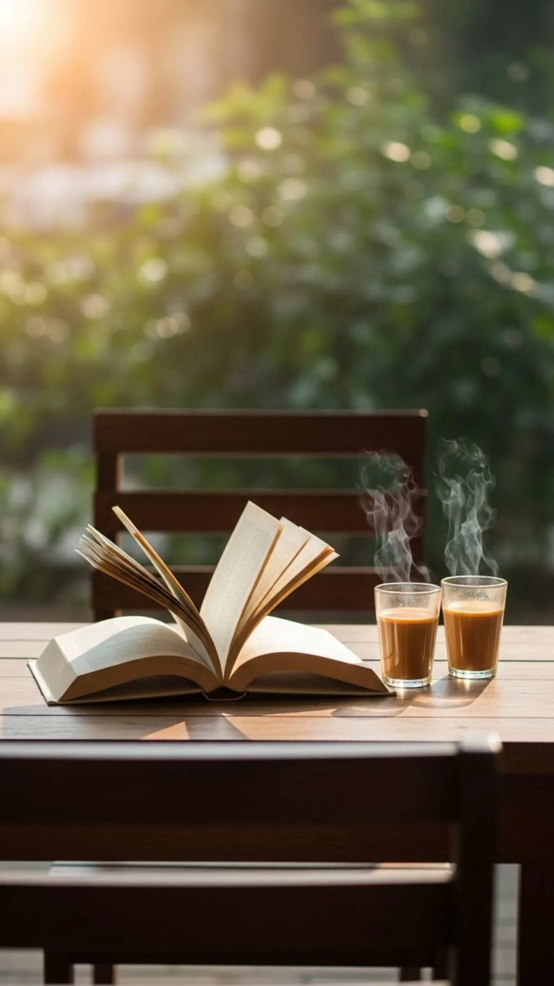 Meaningful book DP for WhatsApp showing two chai cups and an open book, symbolizing a 'social filter' to connect with like-minded book lovers in India. An aesthetic profile picture representing deep conversations and shared interests for your profile.