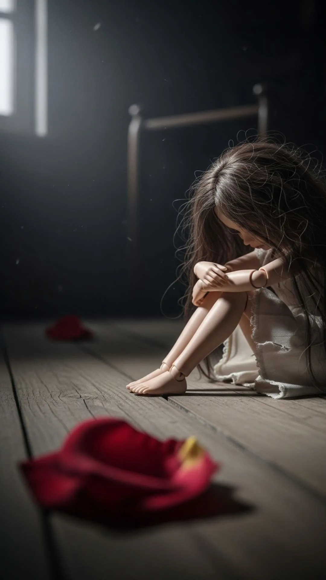 A 'broken heart dp' from the Majekfilms.com 'Broken Heart DPs' collection. This 'sad doll image' shows a doll sitting 'alone' and 'sad' in a dark room, symbolizing a 'broken heart' and 'loneliness'. Free HD download for a 'sad profile pic'.