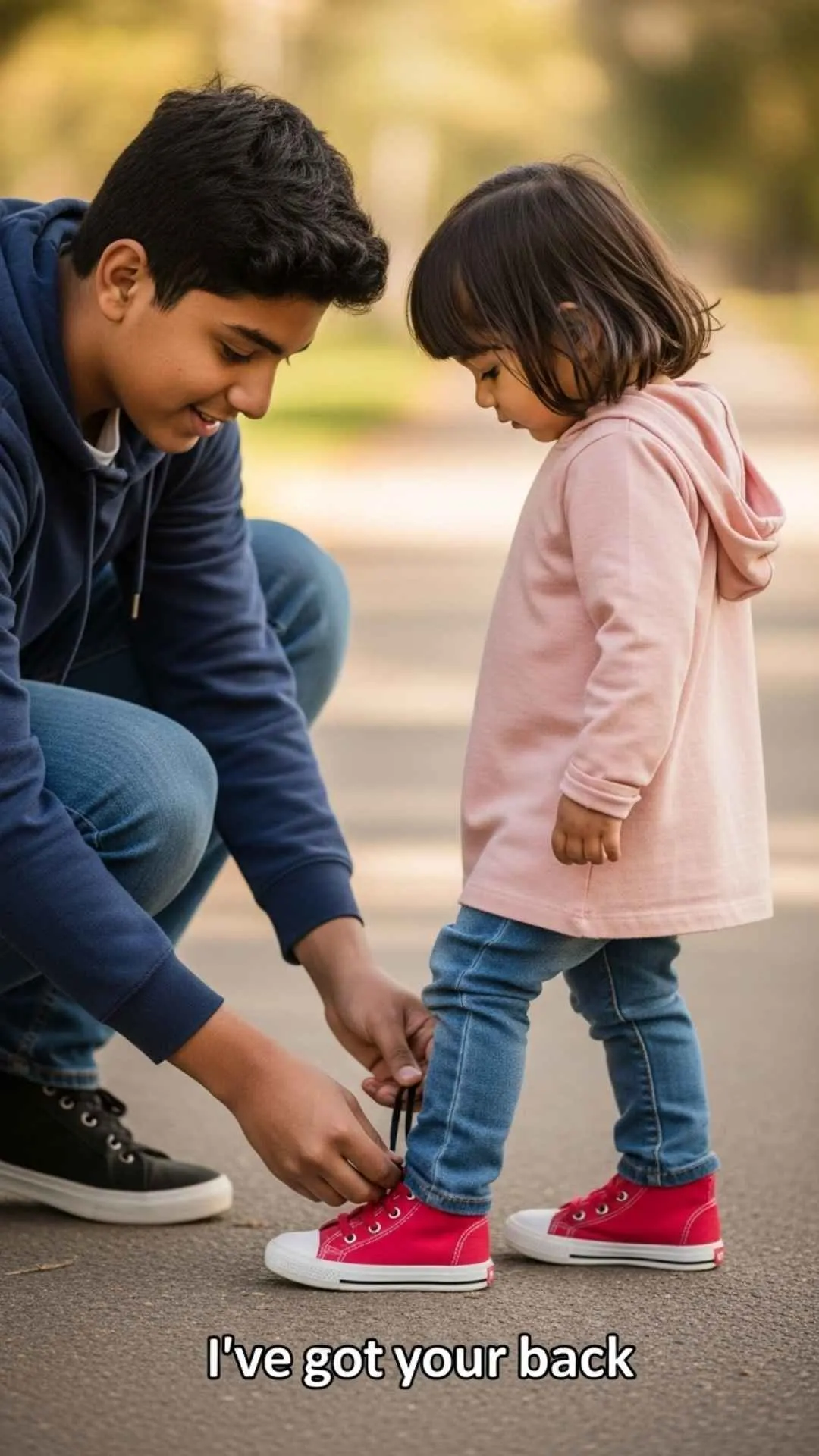 A high-resolution, heart-touching DP showing an older 'bhai' (brother) showing care and protection by tying his little sister's shoelace. This 4K, high-quality photo is a beautiful download for a WhatsApp profile picture that says 'I've always got your back,' perfectly matching search intent for 'protective brother DP for sister' or 'caring bhai photo'.