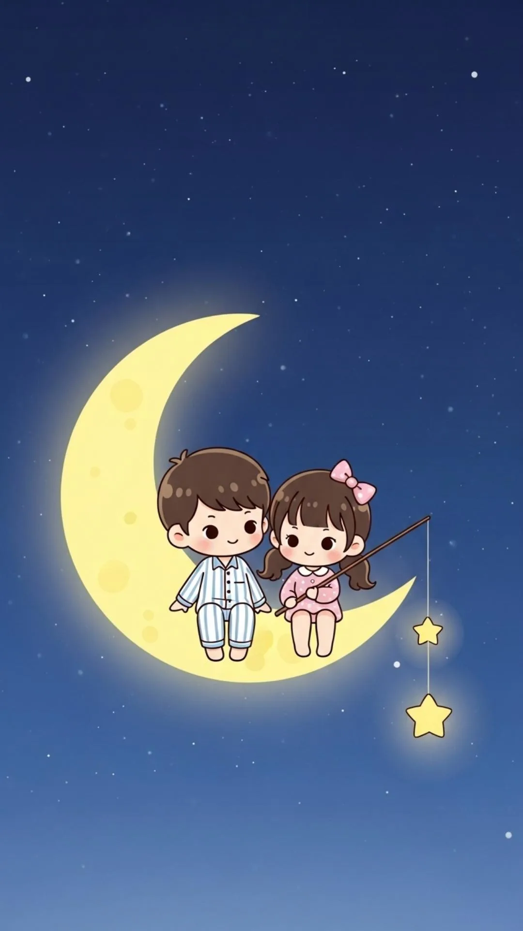 A 'Brother and Sister Cartoon DP' featuring a cute chibi-style illustration of siblings sitting on a moon and fishing for stars, perfect for a sweet WhatsApp profile pic.