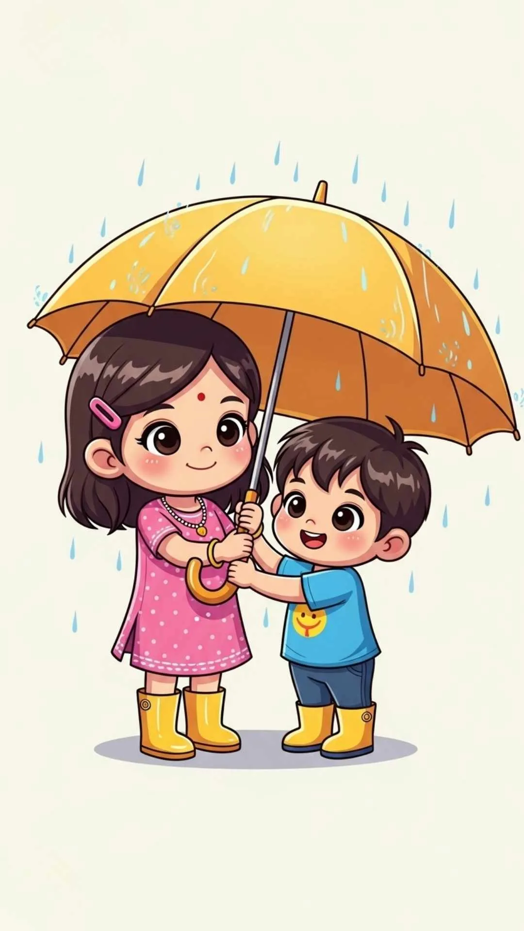 A sweet 'Brother and Sister Cartoon DP' in a 4K 'chibi' style, showing an older sister protecting her little 'bhai' (brother) with an umbrella. This adorable, high-quality graphic, localized for India, is a unique and helpful download for users seeking 'cute bhai-behen cartoon images' or 'protective sister DP' for WhatsApp.