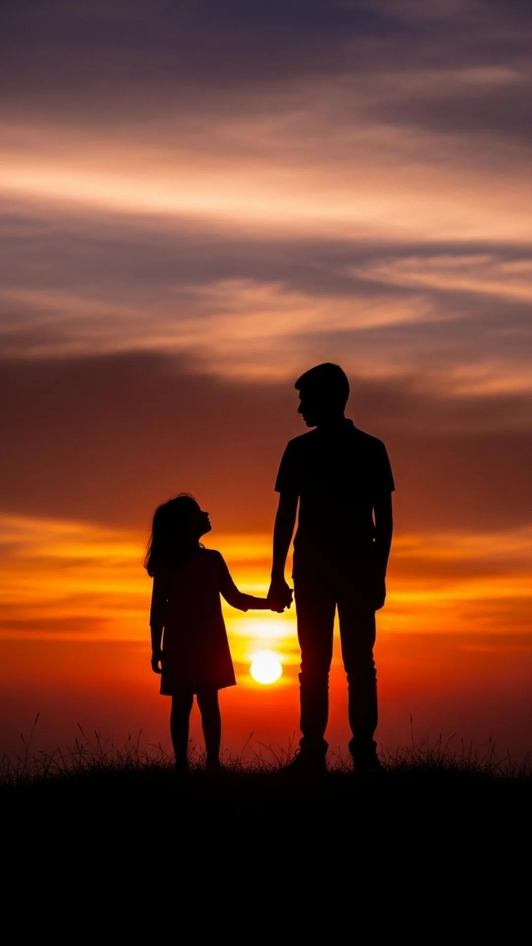 An emotional 'brother sister love DP' in 4K HD, showing a beautiful silhouette of a 'bhai' (brother) and 'behen' (sister) holding hands at sunset. This symbolic and artistic image, representing a shared journey, is a helpful, high-quality download for a WhatsApp profile picture, perfectly matching user intent for 'heart-touching sibling silhouette' or 'profound love DP'.