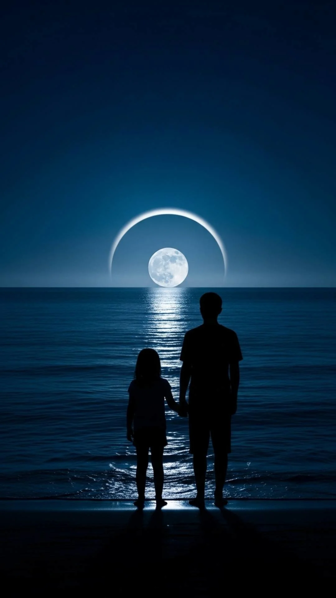 A visually stunning aesthetic DP showing a brother and sister silhouette against a peaceful nature background with a full moon and ocean. This 4K, high-resolution image symbolizes a deep, unbreakable 'bhai-behen' bond, perfectly answering the user intent for 'beautiful nature silhouette DP for siblings' or 'peaceful brother sister profile photo'.