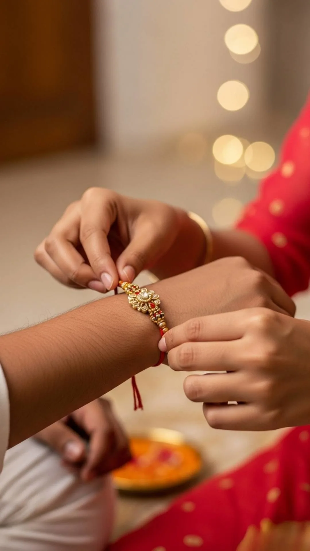 A high-resolution, emotional HD DP for 'Raksha Bandhan', showing a sister's hands tying a traditional 'rakhi' on her brother's wrist. This heart-touching 'bhai-behen' photo, localized for India, is a beautiful download for a WhatsApp profile picture, capturing the essence of the festival and the profound, protective bond, answering the query 'best rakhi DP for brother'.