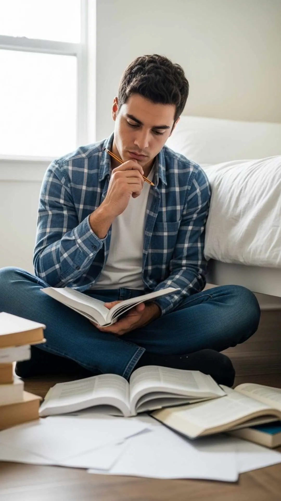 A 9:16 'candid' study DP for boys, showing a male student sitting on the floor, intensely reading a textbook and pondering a difficult problem. This 'in the zone' image represents deep focus and is a popular relatable WhatsApp DP for boys in India during exam time. Find more free HD profile pictures for boys on Majekfilms.com.