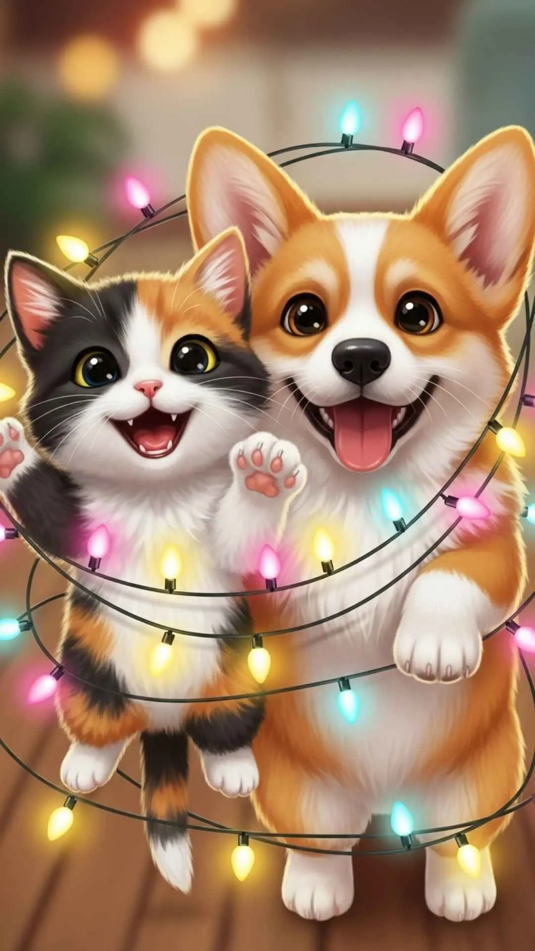 A charming cartoon friends DP showing a cute kitten and corgi puppy tangled in fairy lights, representing a fun and adorable best friend DP