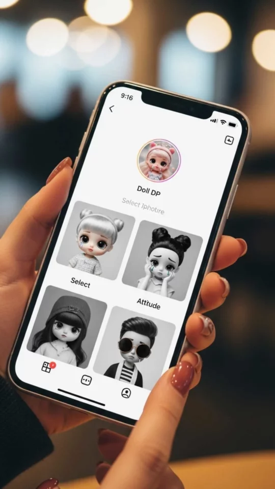 A user holds a phone, illustrating the "digital handshake" concept from Majekfilms.com by choosing a Doll Images DP for their social media. The screen shows a selection of cute, sad, and attitude doll DPs, symbolizing the declaration of personality and mood for a WhatsApp or Instagram profile in 2025.