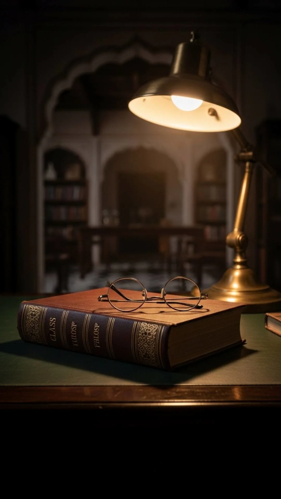 A classic literature book DP for WhatsApp, showing a vintage leather-bound philosophy book and glasses on a teak desk, symbolizing a deep thinker and timeless wisdom. This aesthetic, intellectual profile picture is perfect for Indian book lovers who value nostalgia and depth.