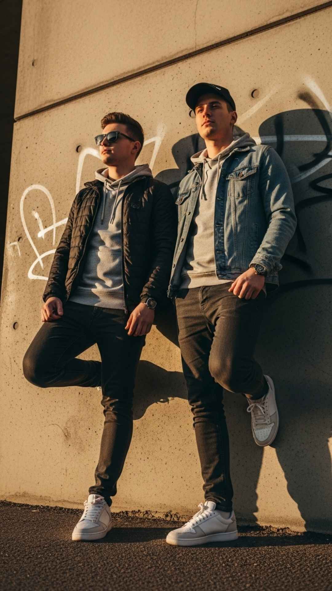 A cool Friendship DP for Boys with an attitude vibe, showing two bros in confident stances against an urban wall, symbolizing strong brotherhood.